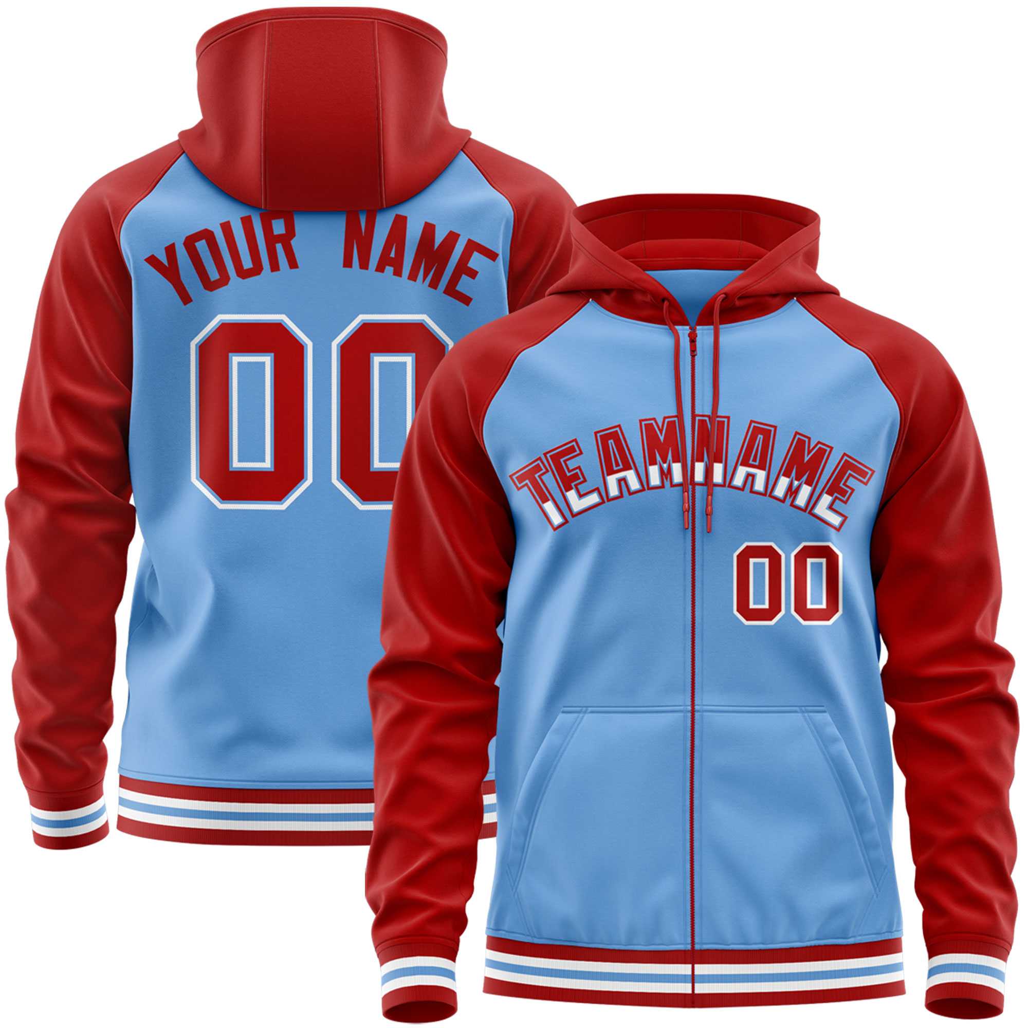 Custom Stitched Powder Blue Red Raglan Sleeves Sports Full-Zip Sweatshirt Hoodie