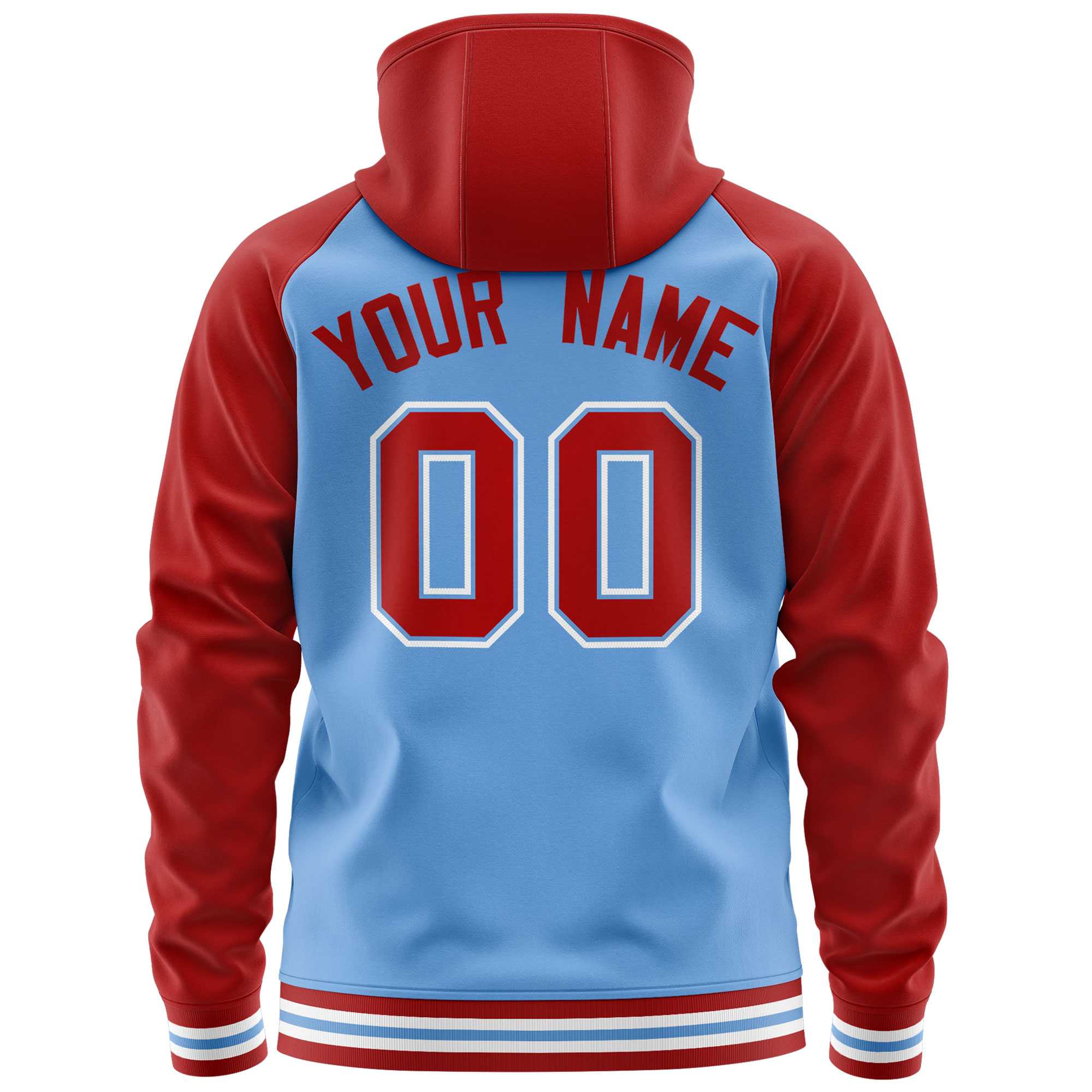 Custom Stitched Powder Blue Red Raglan Sleeves Sports Full-Zip Sweatshirt Hoodie