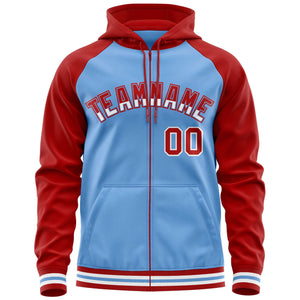 Custom Stitched Powder Blue Red Raglan Sleeves Sports Full-Zip Sweatshirt Hoodie