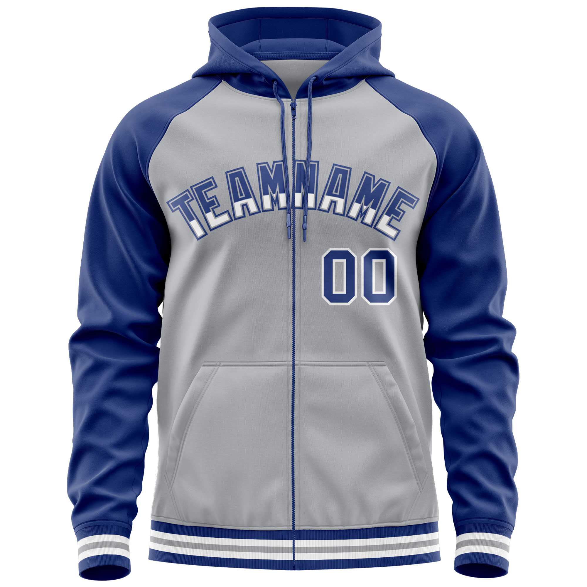 Custom Stitched Gray Royal Raglan Sleeves Sports Full-Zip Sweatshirt Hoodie