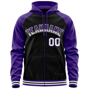 Custom Stitched Black Purple Raglan Sleeves Sports Full-Zip Sweatshirt Hoodie