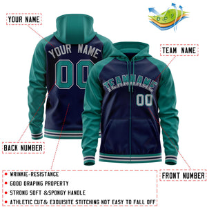 Custom Stitched Navy Aqua Raglan Sleeves Sports Full-Zip Sweatshirt Hoodie