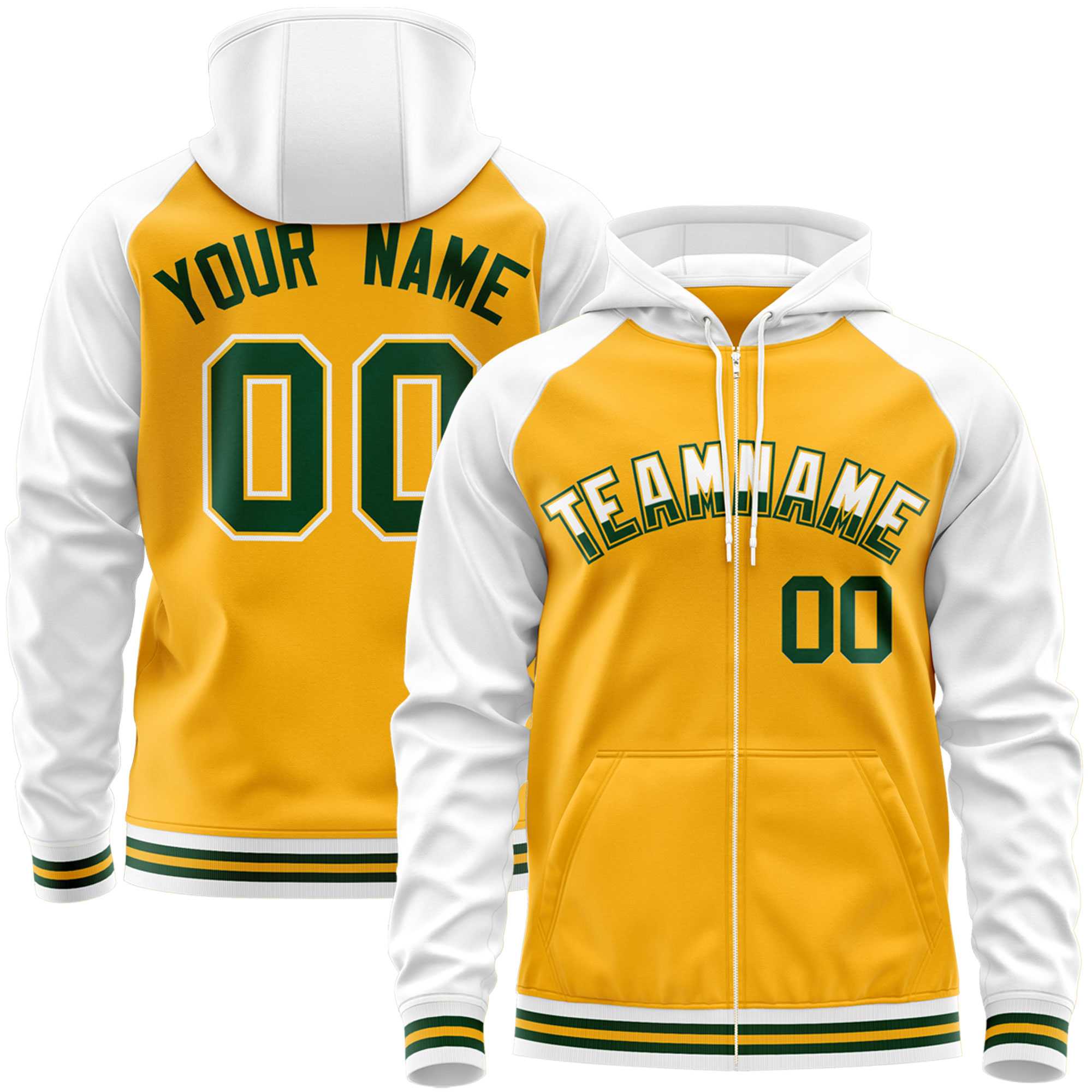 Custom Stitched Yellow White Raglan Sleeves Sports Full-Zip Sweatshirt Hoodie