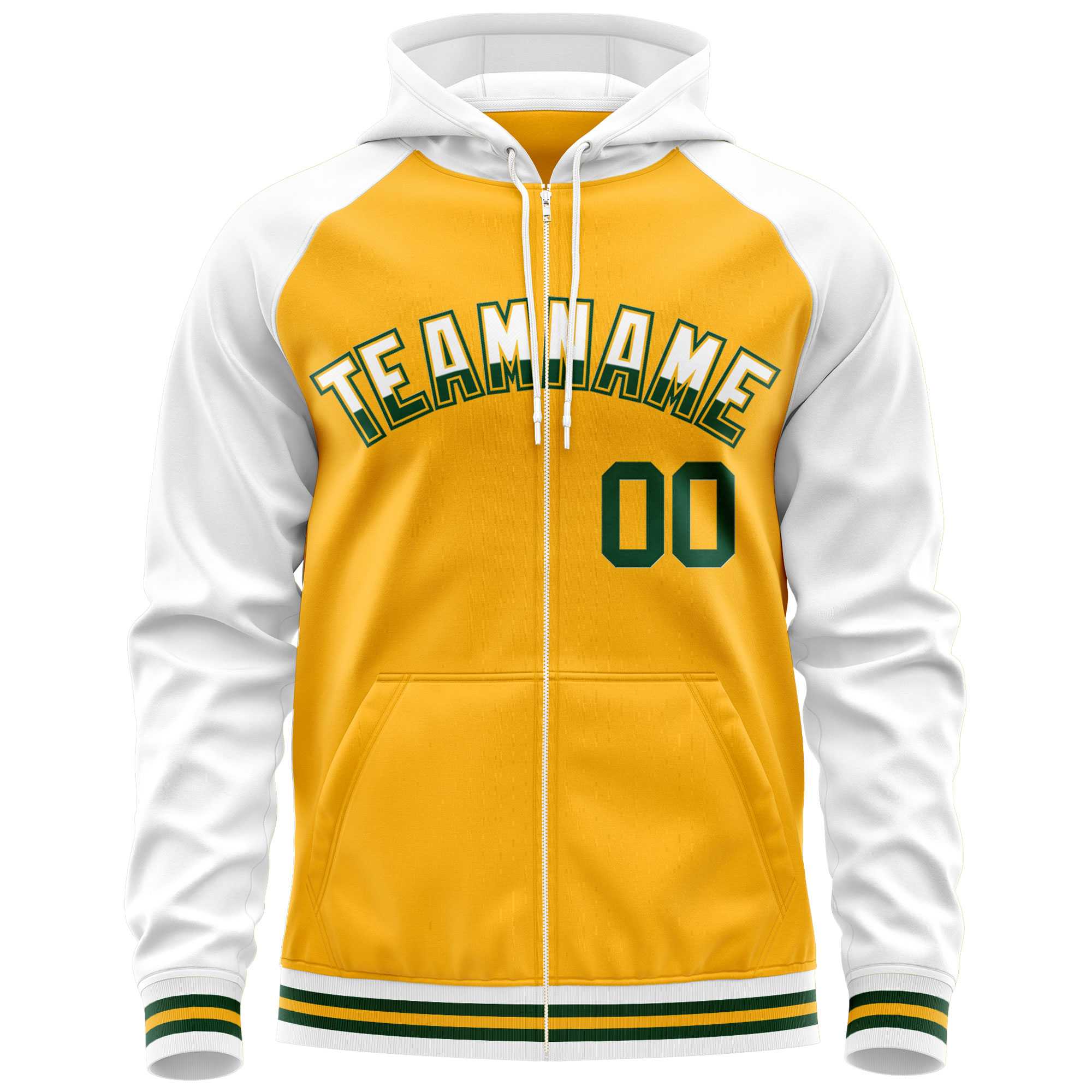 Custom Stitched Yellow White Raglan Sleeves Sports Full-Zip Sweatshirt Hoodie