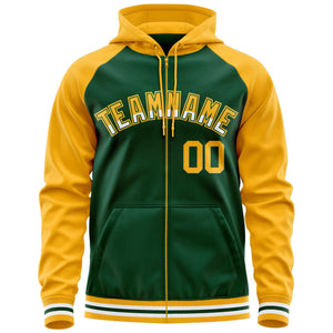 Custom Stitched Green Yellow Raglan Sleeves Sports Full-Zip Sweatshirt Hoodie