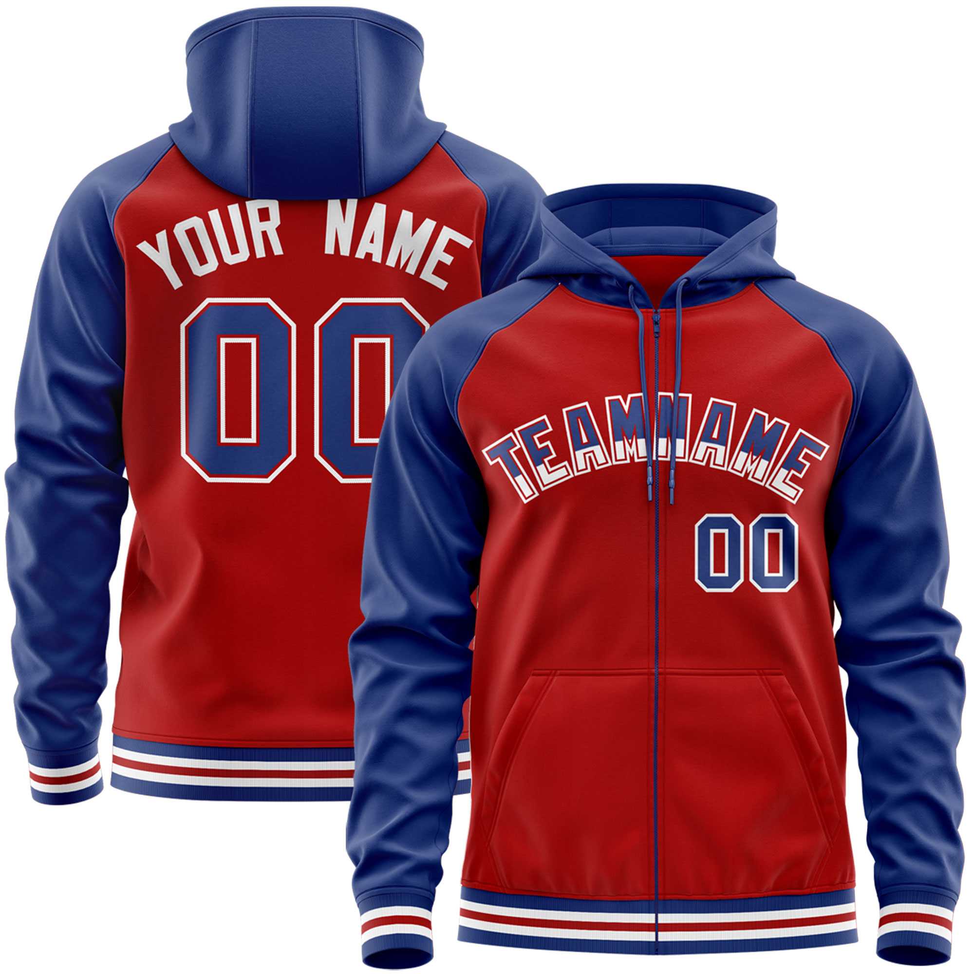 Custom Stitched Red Royal Raglan Sleeves Sports Full-Zip Sweatshirt Hoodie