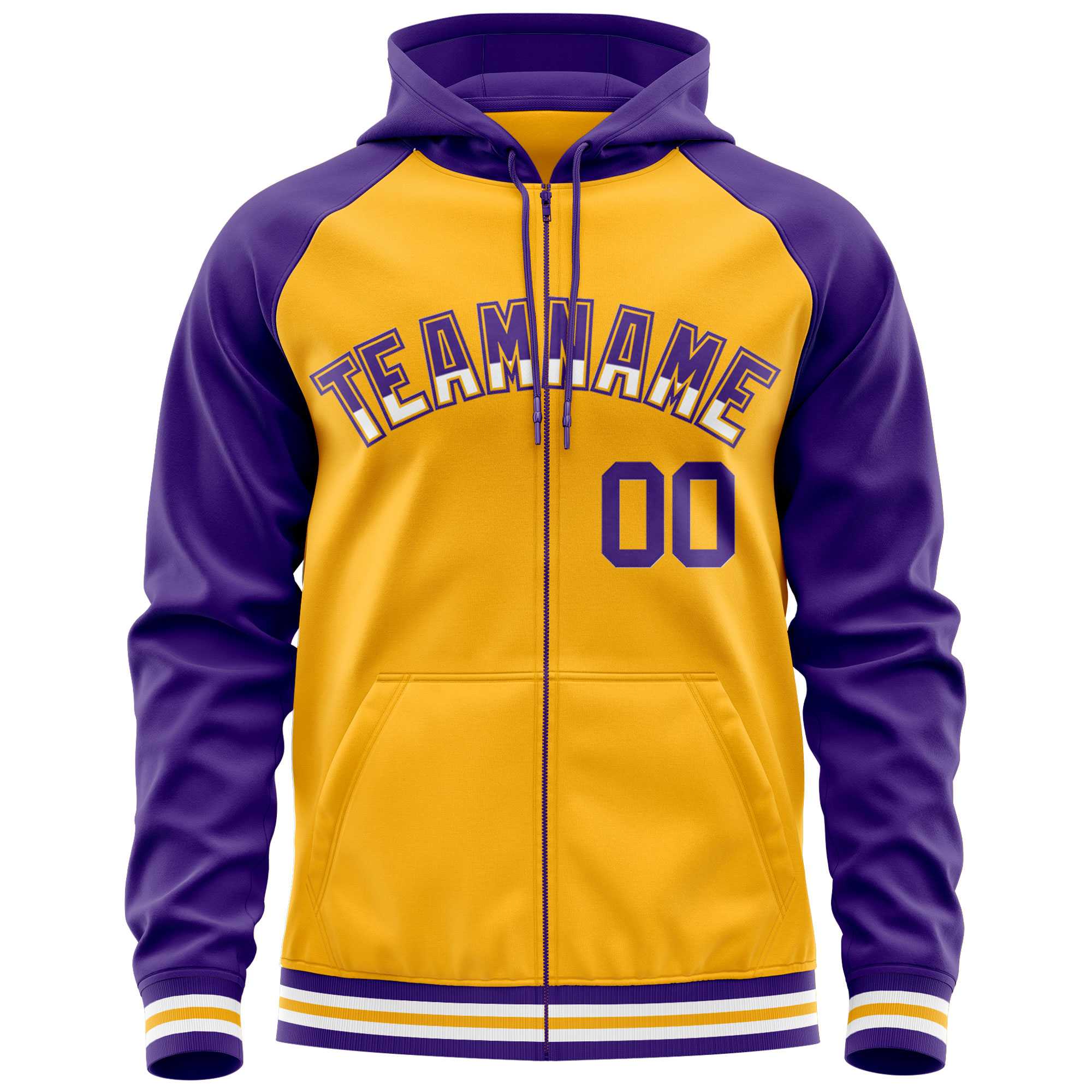 Custom Stitched Yellow Purple Raglan Sleeves Sports Full-Zip Sweatshirt Hoodie