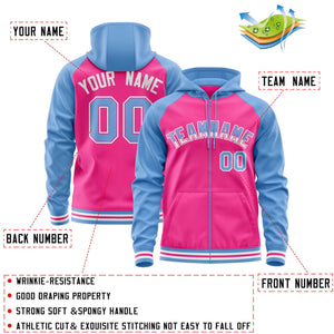 Custom Stitched Pink Powder Blue Raglan Sleeves Sports Full-Zip Sweatshirt Hoodie