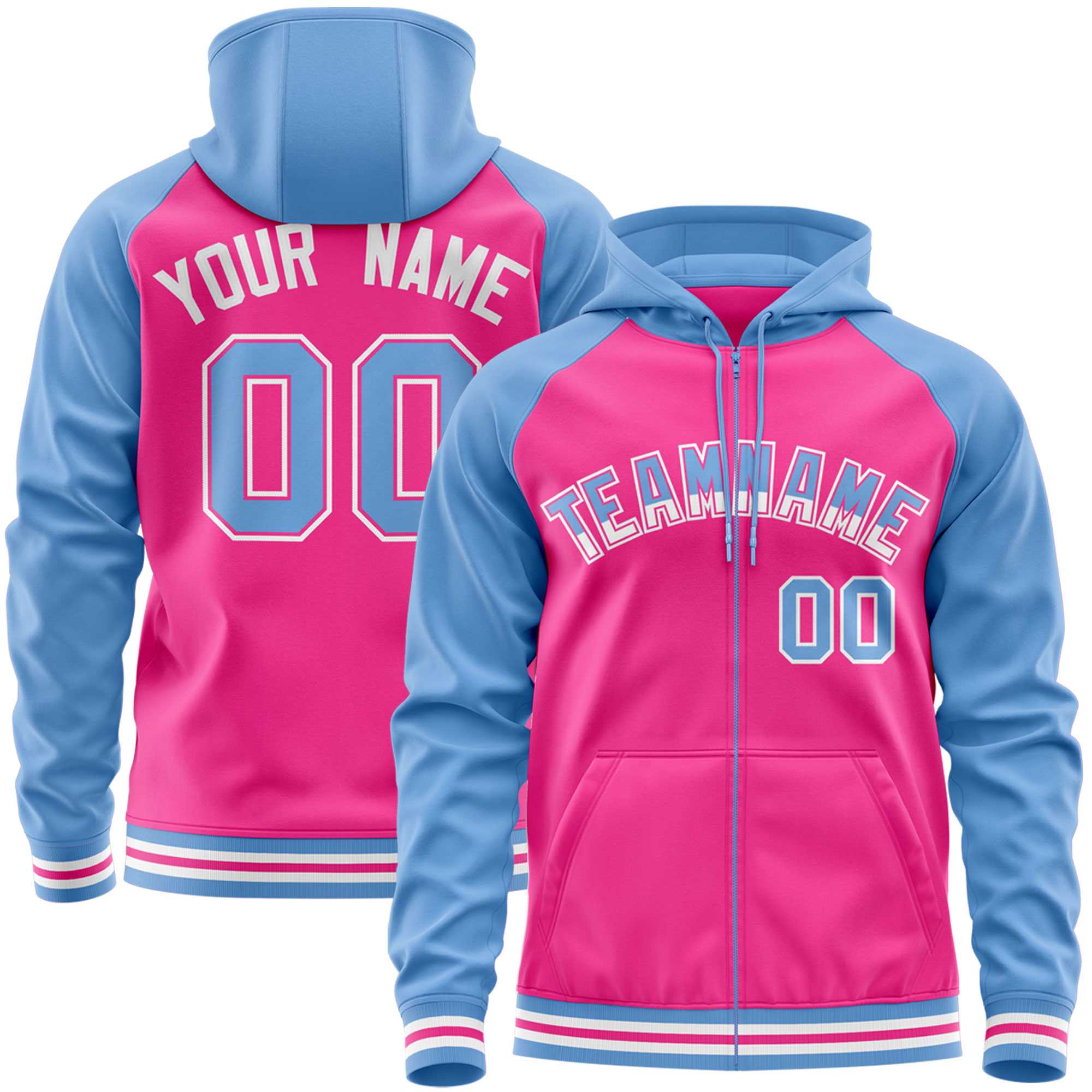 Custom Stitched Pink Powder Blue Raglan Sleeves Sports Full-Zip Sweatshirt Hoodie