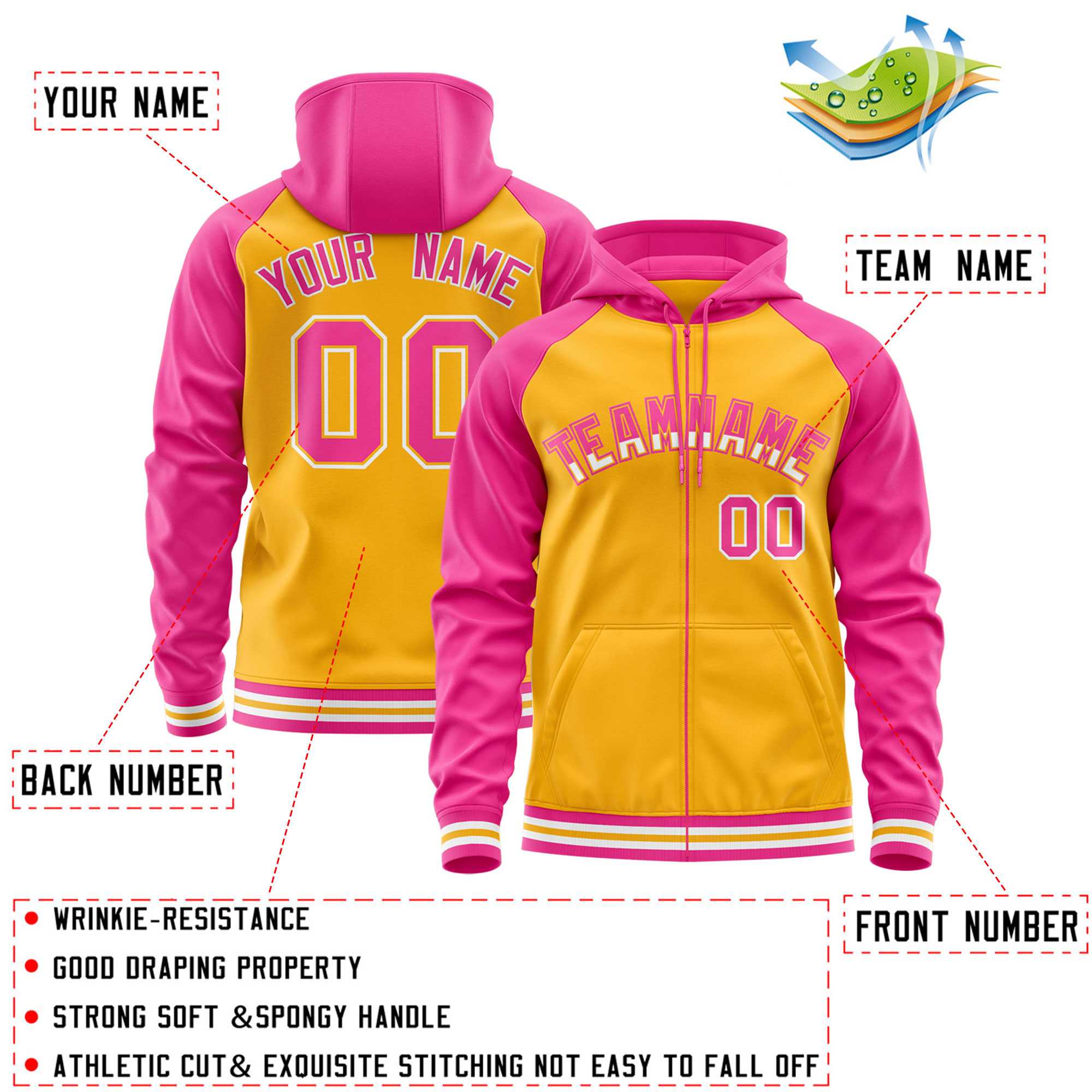 Custom Stitched Yellow Pink Raglan Sleeves Sports Full-Zip Sweatshirt Hoodie