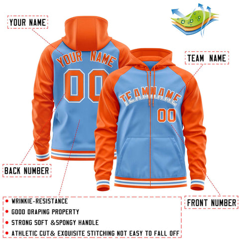 Custom Stitched Powder Blue Orange Raglan Sleeves Sports Full-Zip Sweatshirt Hoodie