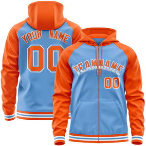 Custom Stitched Powder Blue Orange Raglan Sleeves Sports Full-Zip Sweatshirt Hoodie