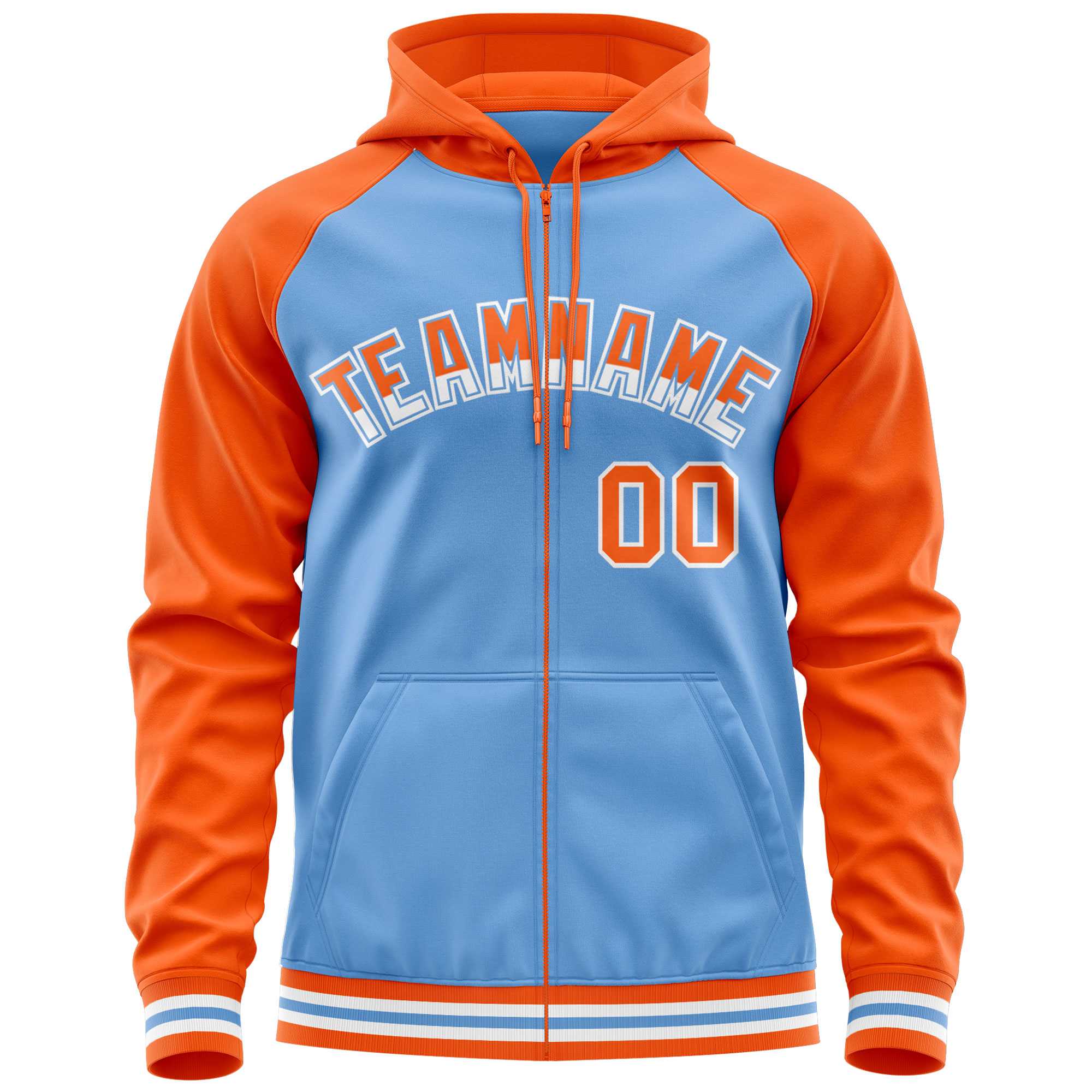 Custom Stitched Powder Blue Orange Raglan Sleeves Sports Full-Zip Sweatshirt Hoodie