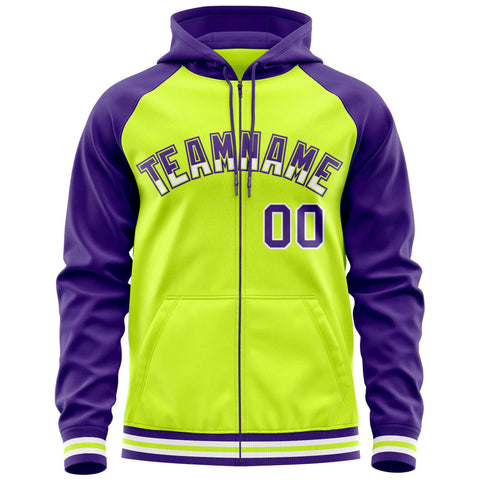 Custom Stitched Neon Green Purple Raglan Sleeves Sports Full-Zip Sweatshirt Hoodie