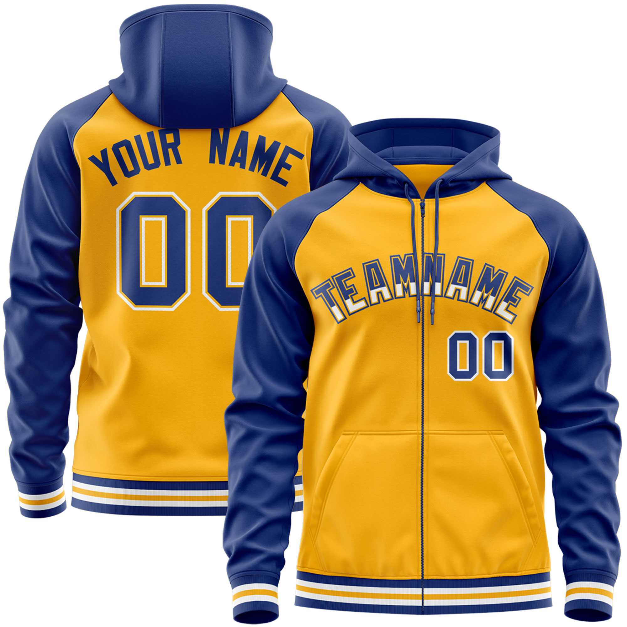 Custom Stitched Yellow Royal Raglan Sleeves Sports Full-Zip Sweatshirt Hoodie