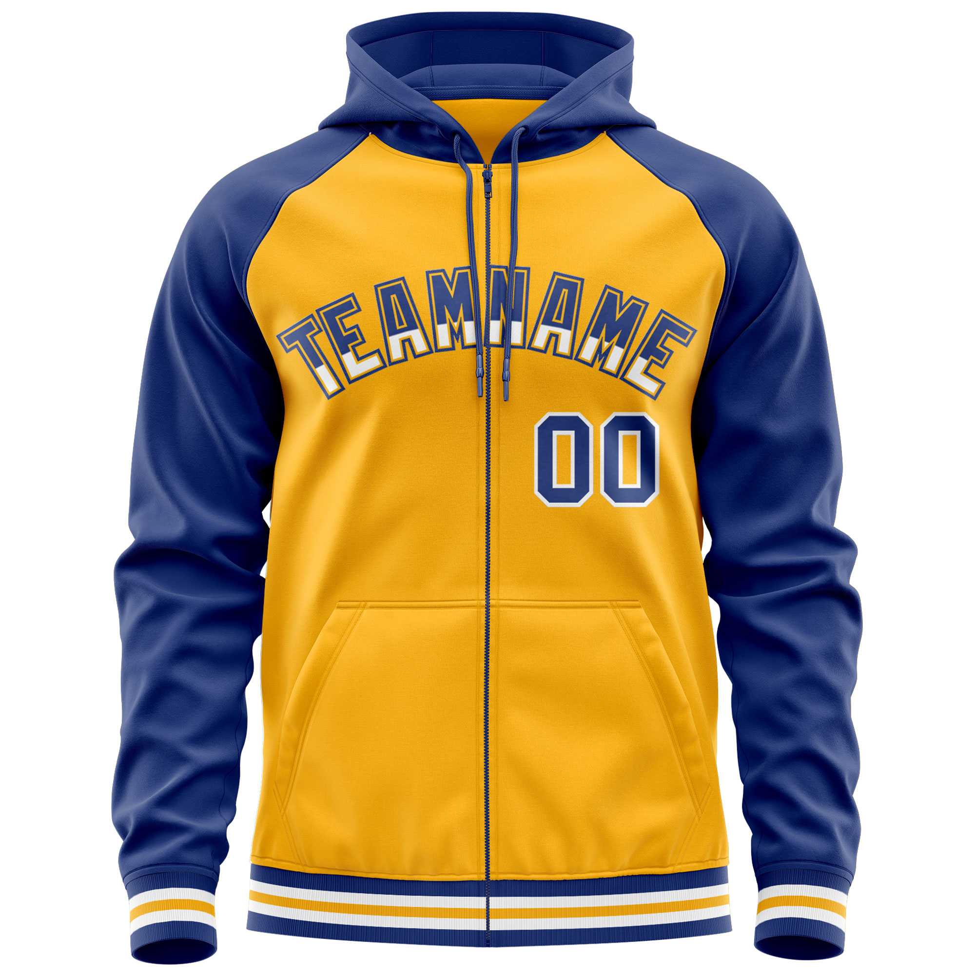 Custom Stitched Yellow Royal Raglan Sleeves Sports Full-Zip Sweatshirt Hoodie