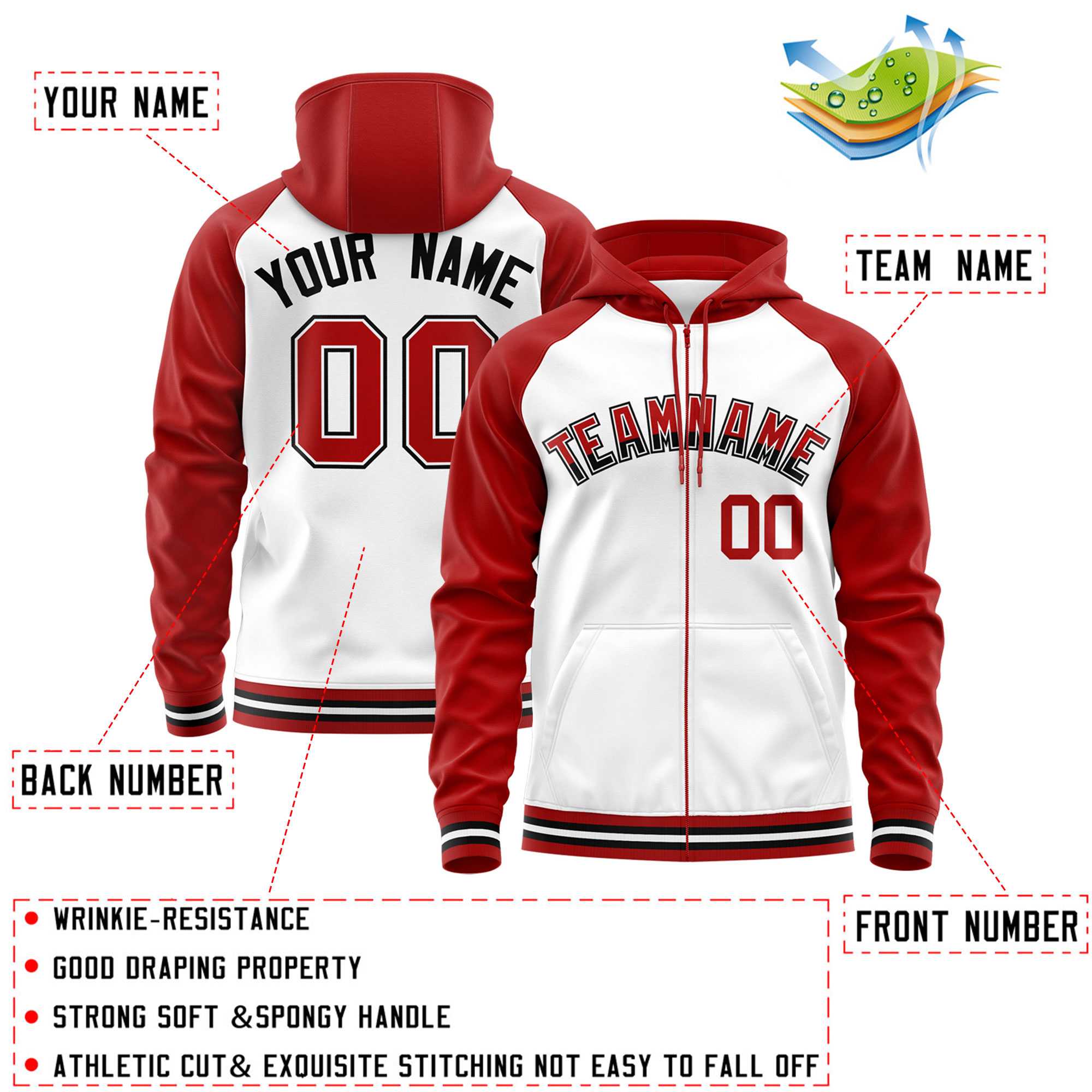 Custom Stitched White Red Raglan Sleeves Sports Full-Zip Sweatshirt Hoodie