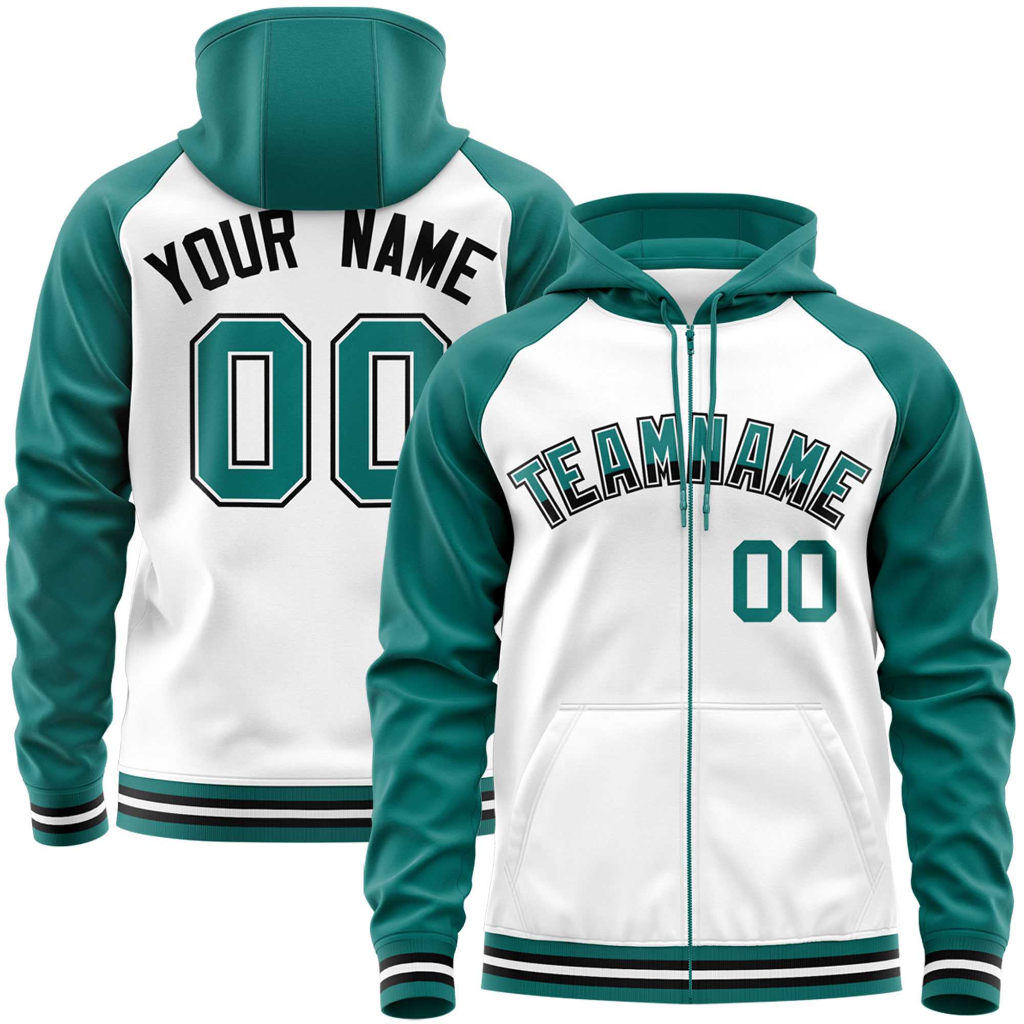 Custom Stitched White Aqua Raglan Sleeves Sports Full-Zip Sweatshirt Hoodie