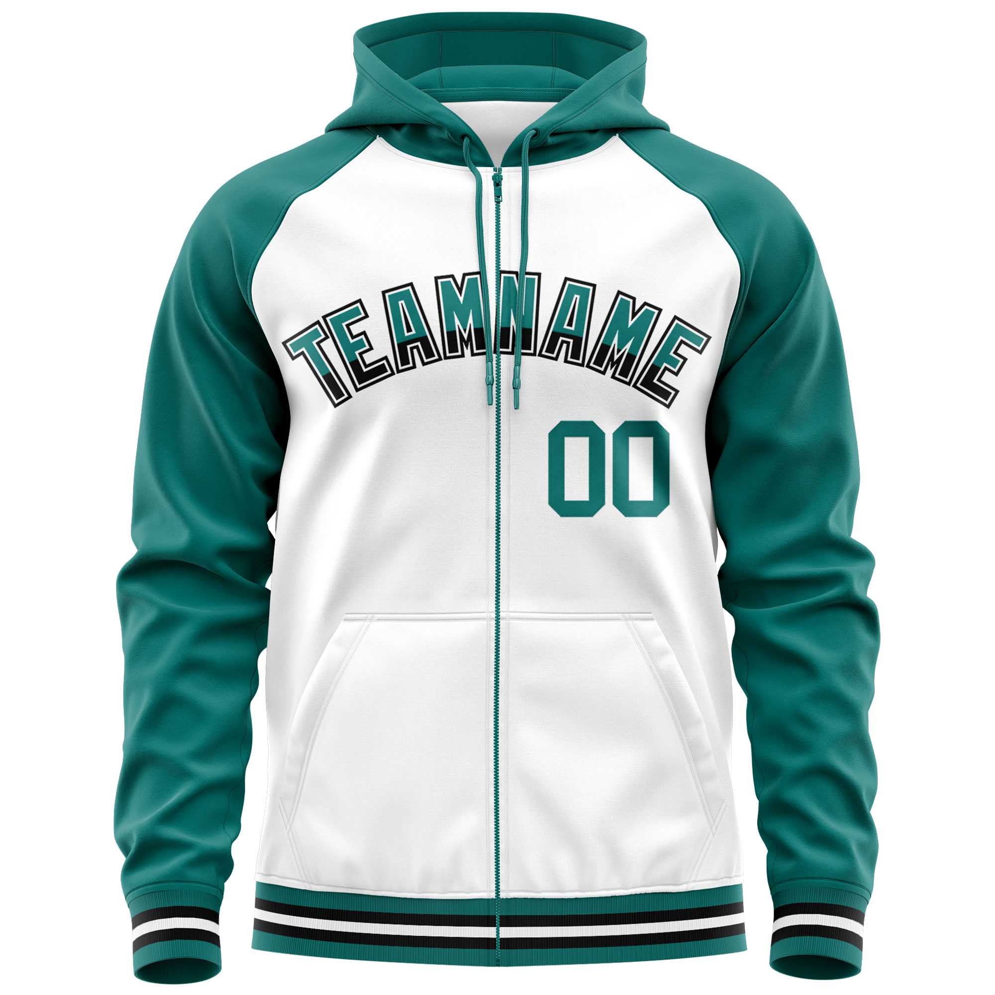 Custom Stitched White Aqua Raglan Sleeves Sports Full-Zip Sweatshirt Hoodie