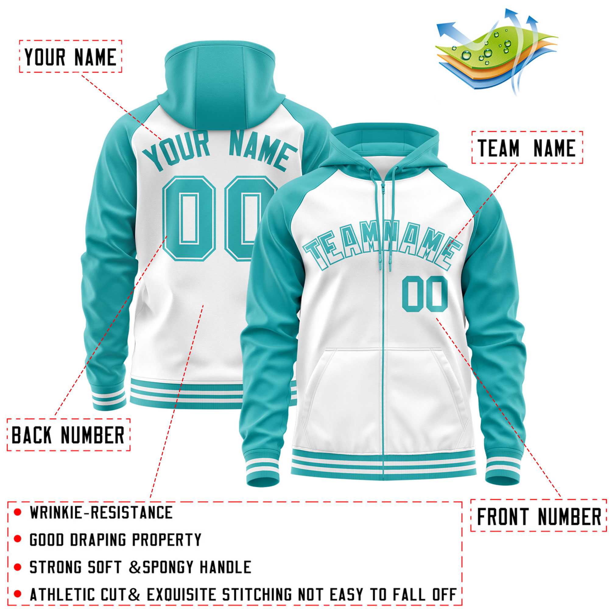 Custom Stitched White Aqua Raglan Sleeves Sports Full-Zip Sweatshirt Hoodie