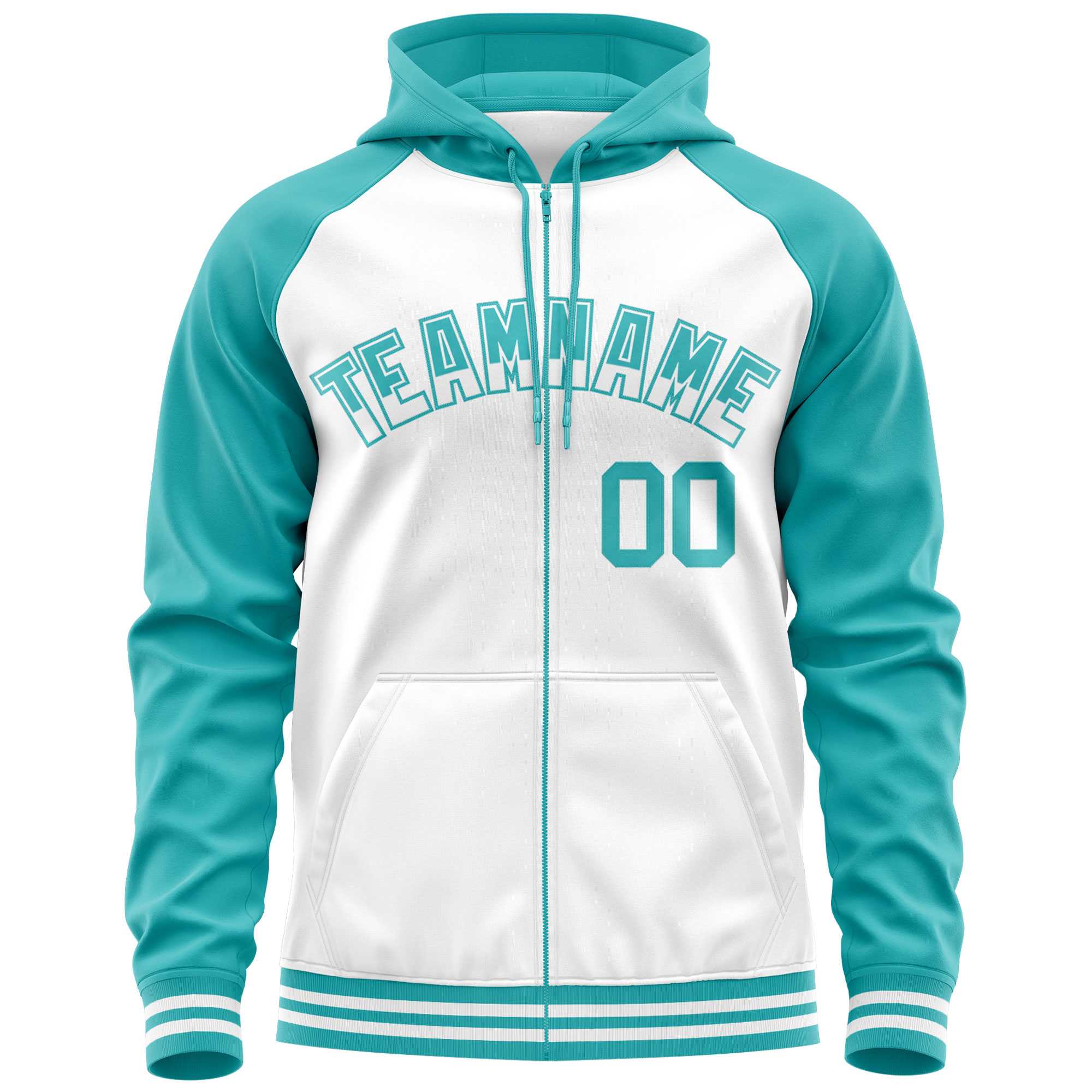 Custom Stitched White Aqua Raglan Sleeves Sports Full-Zip Sweatshirt Hoodie