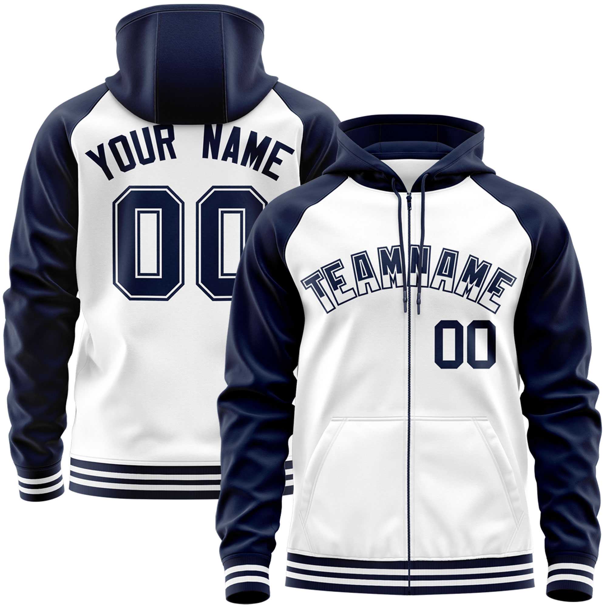 Custom Stitched White Navy Raglan Sleeves Sports Full-Zip Sweatshirt Hoodie