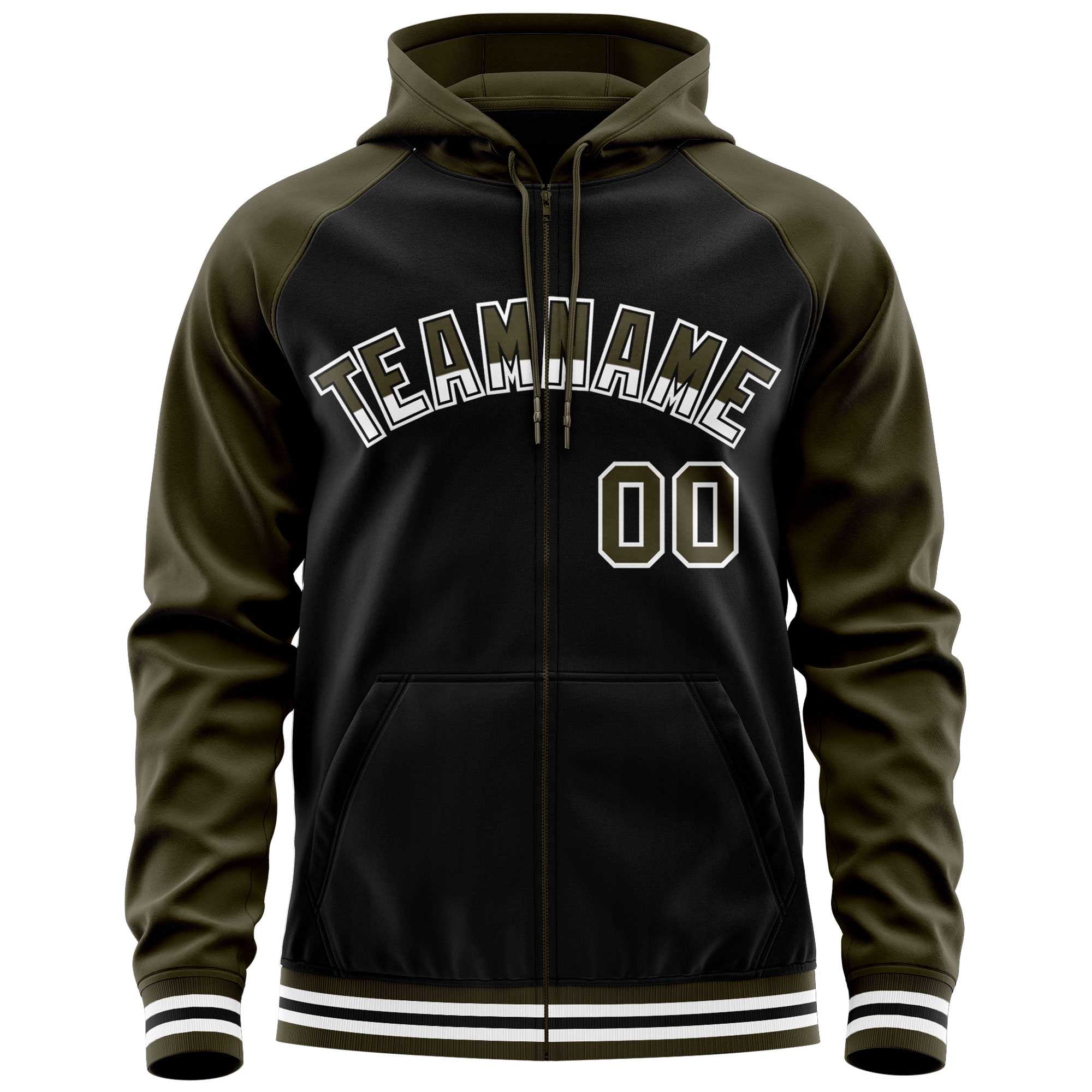 Custom Stitched Black Olive Raglan Sleeves Sports Full-Zip Sweatshirt Hoodie