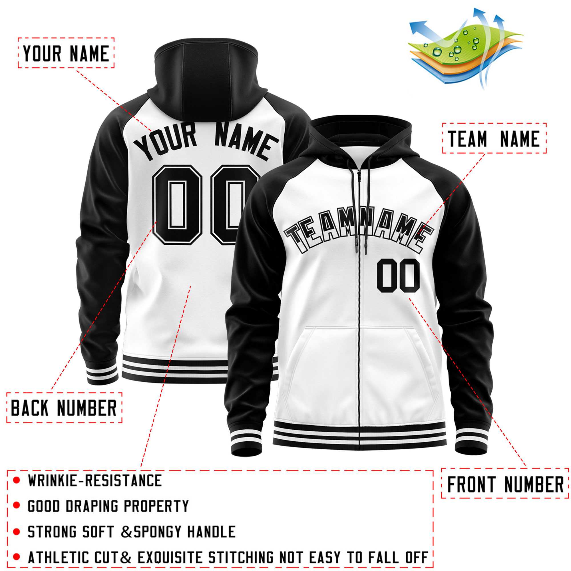 Custom Stitched White Black Raglan Sleeves Sports Full-Zip Sweatshirt Hoodie