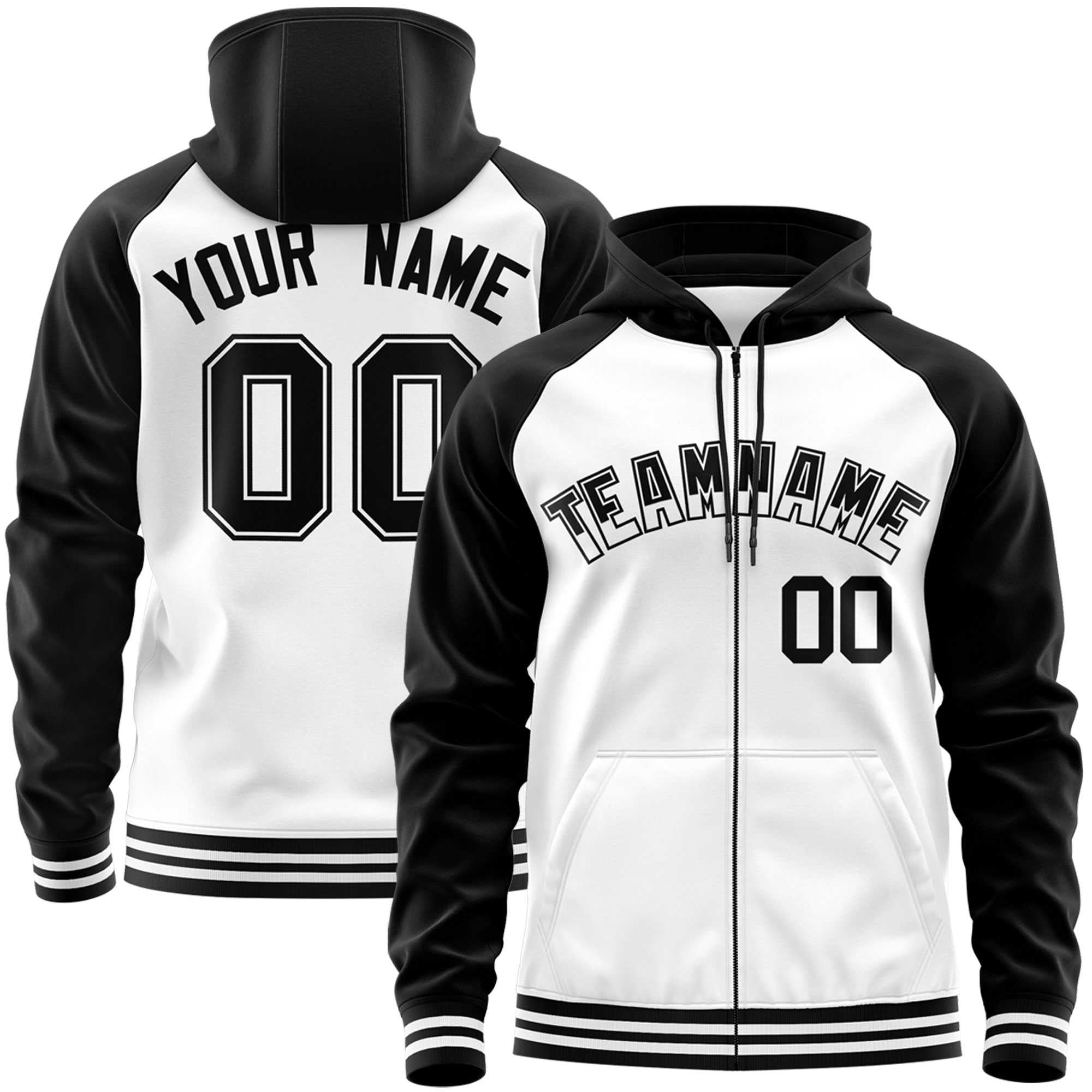 Custom Stitched White Black Raglan Sleeves Sports Full-Zip Sweatshirt Hoodie