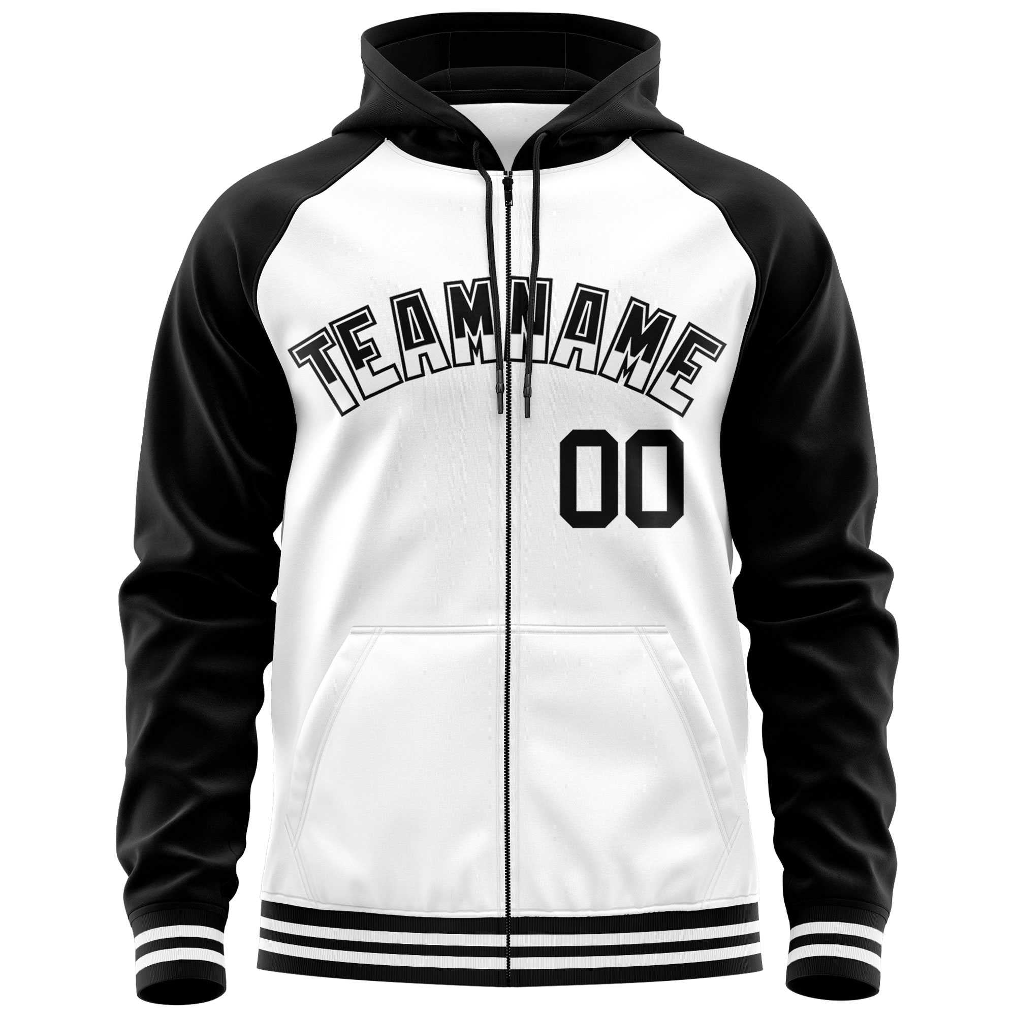 Custom Stitched White Black Raglan Sleeves Sports Full-Zip Sweatshirt Hoodie