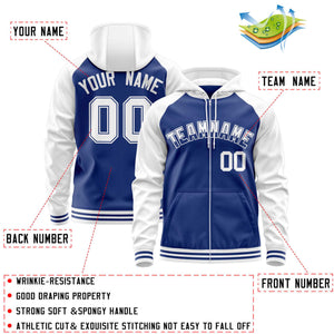 Custom Stitched Royal White Raglan Sleeves Sports Full-Zip Sweatshirt Hoodie