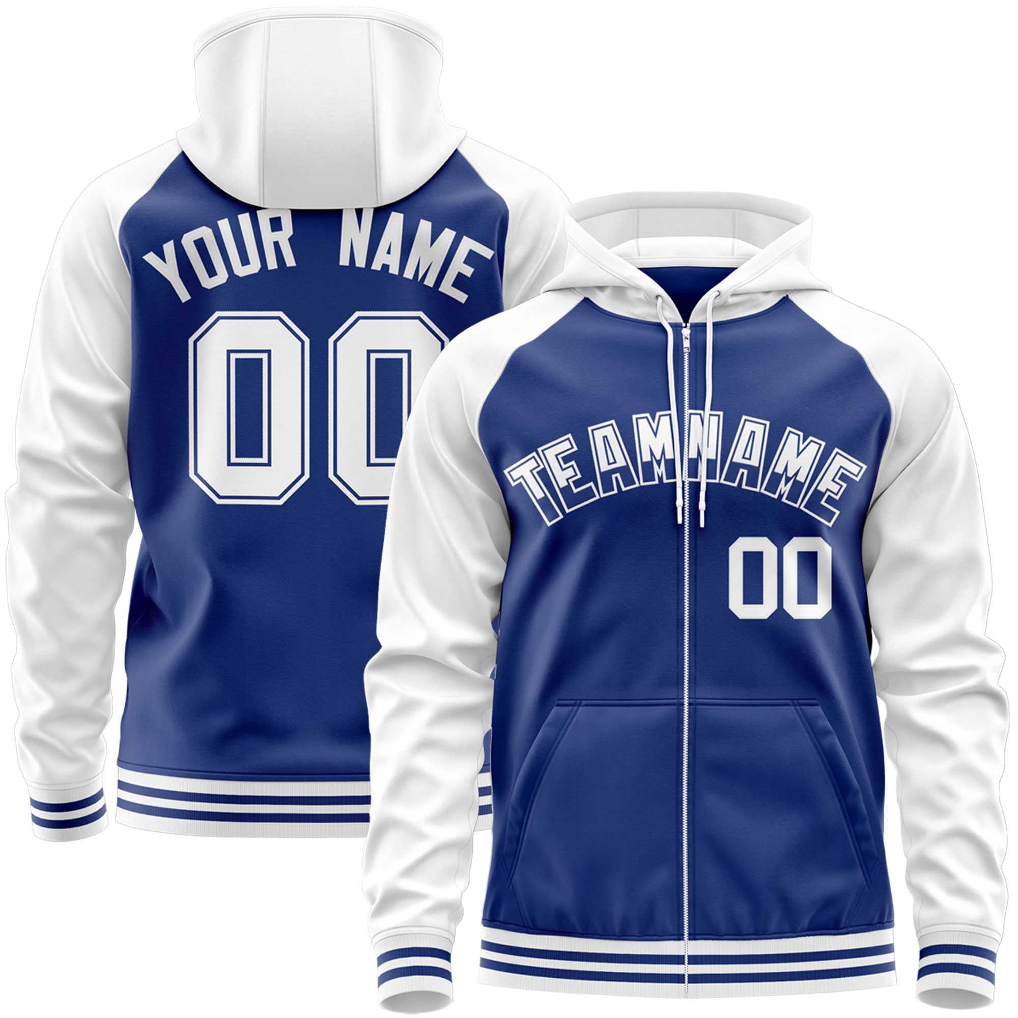 Custom Stitched Royal White Raglan Sleeves Sports Full-Zip Sweatshirt Hoodie