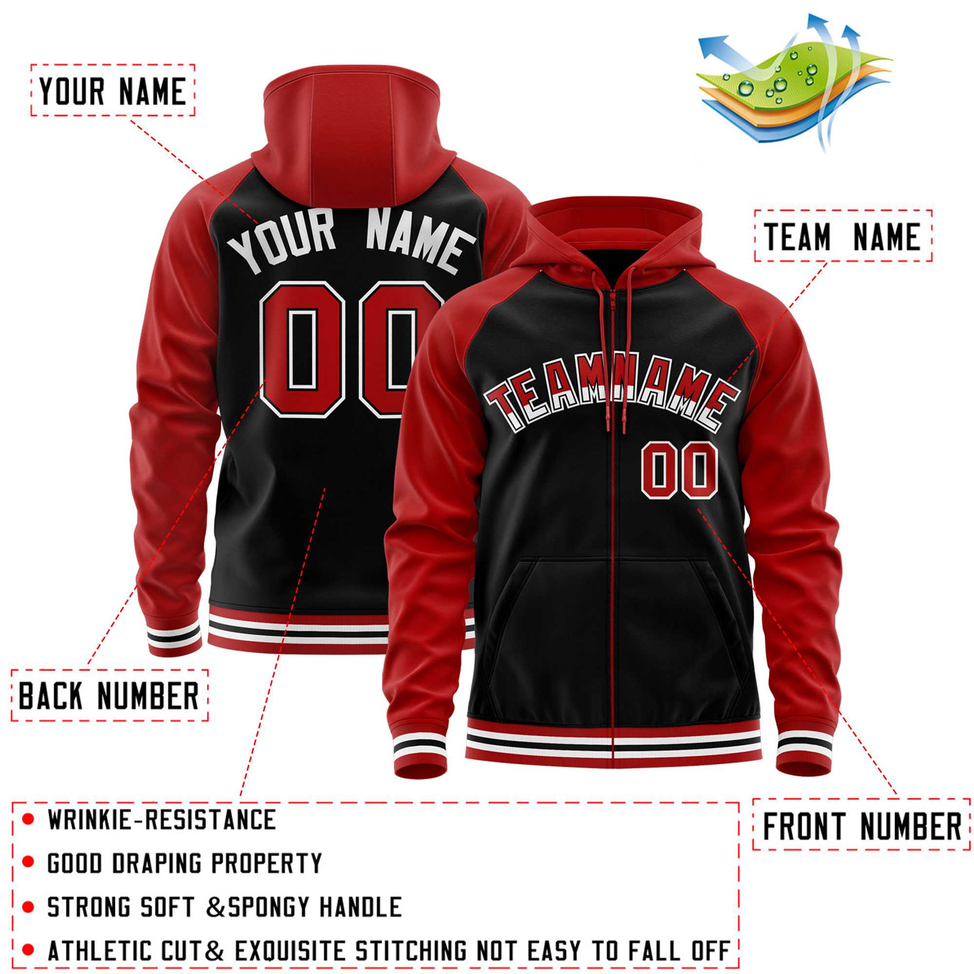 Custom Stitched Black Red Raglan Sleeves Sports Full-Zip Sweatshirt Hoodie