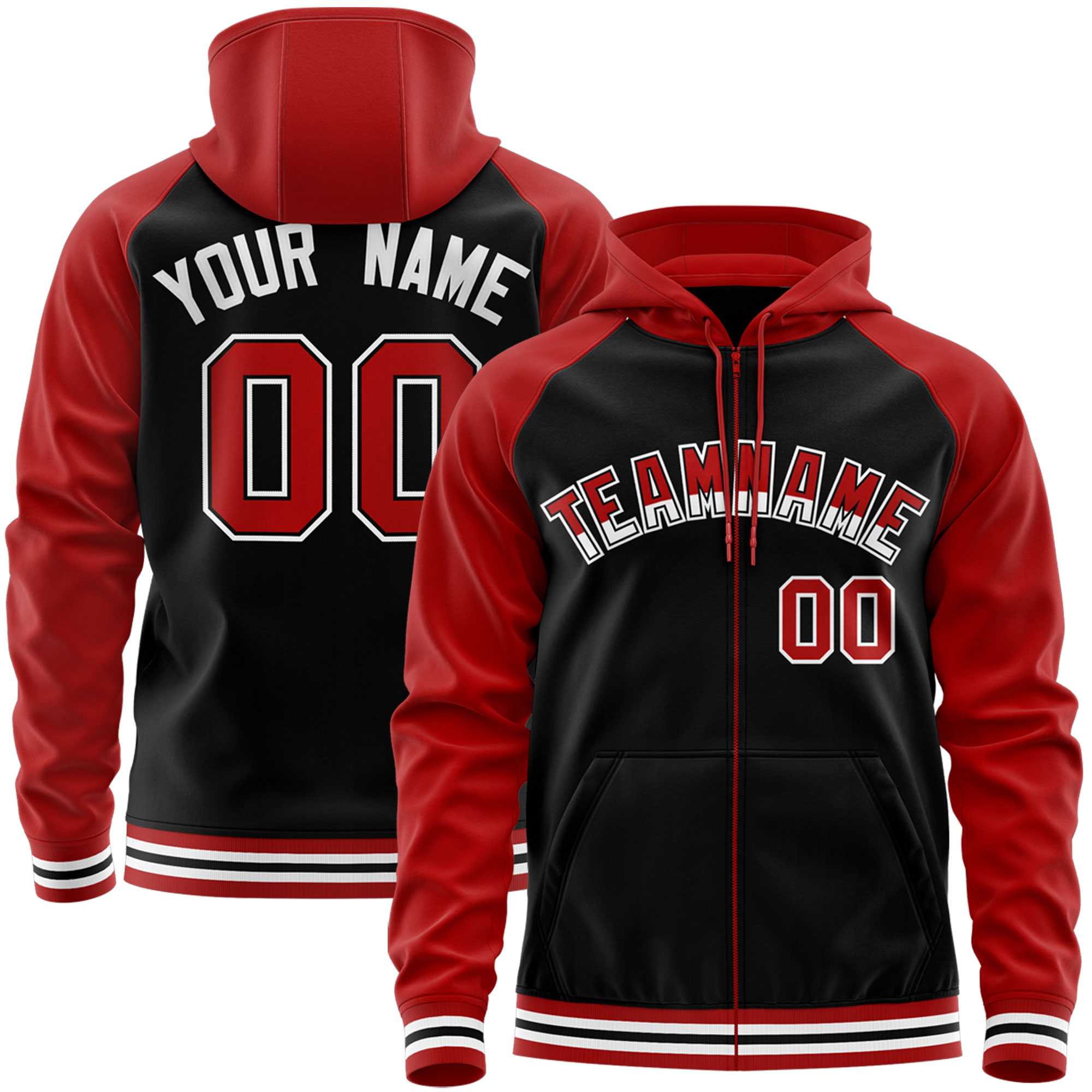 Custom Stitched Black Red Raglan Sleeves Sports Full-Zip Sweatshirt Hoodie