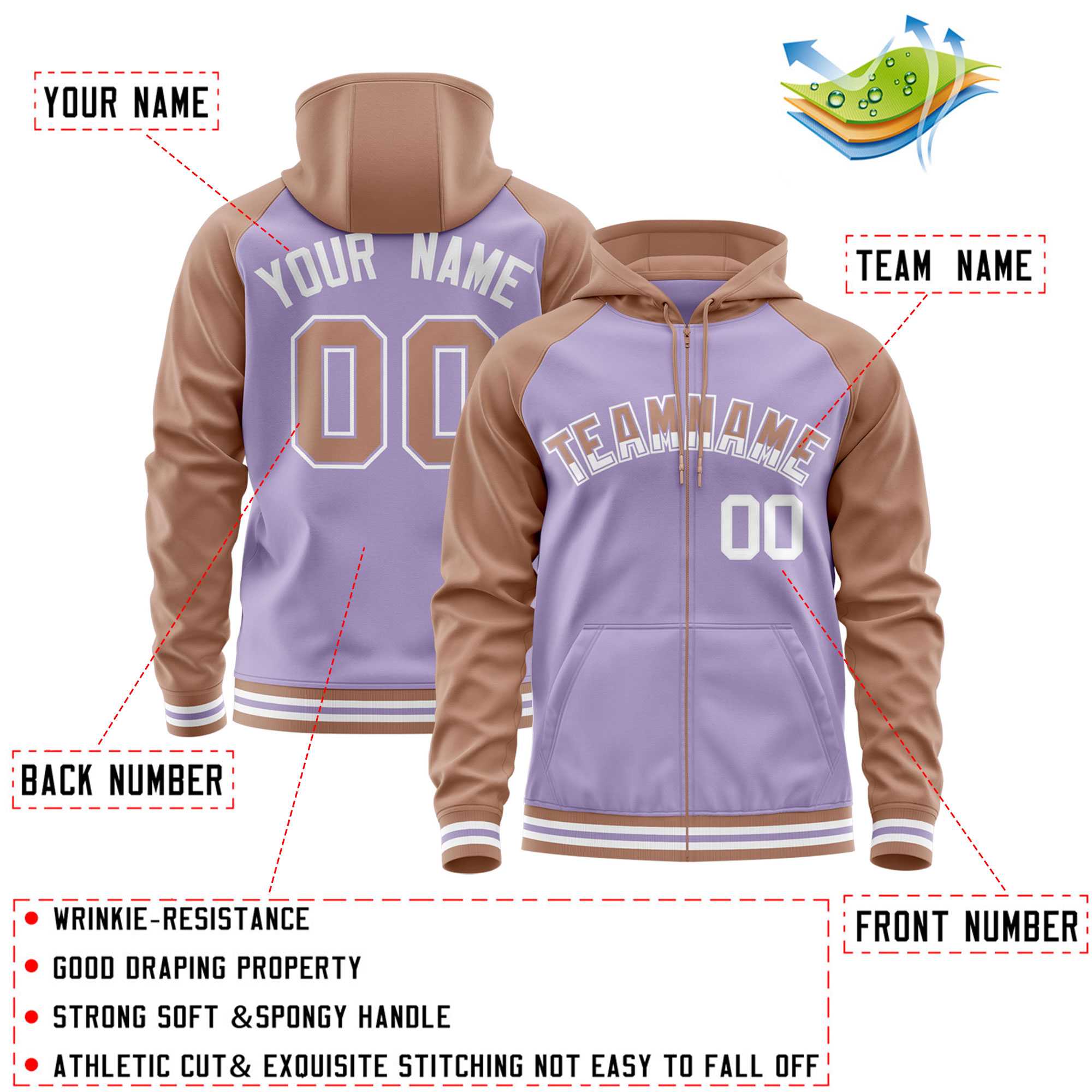 Custom Stitched Light Purple Brown Raglan Sleeves Sports Full-Zip Sweatshirt Hoodie