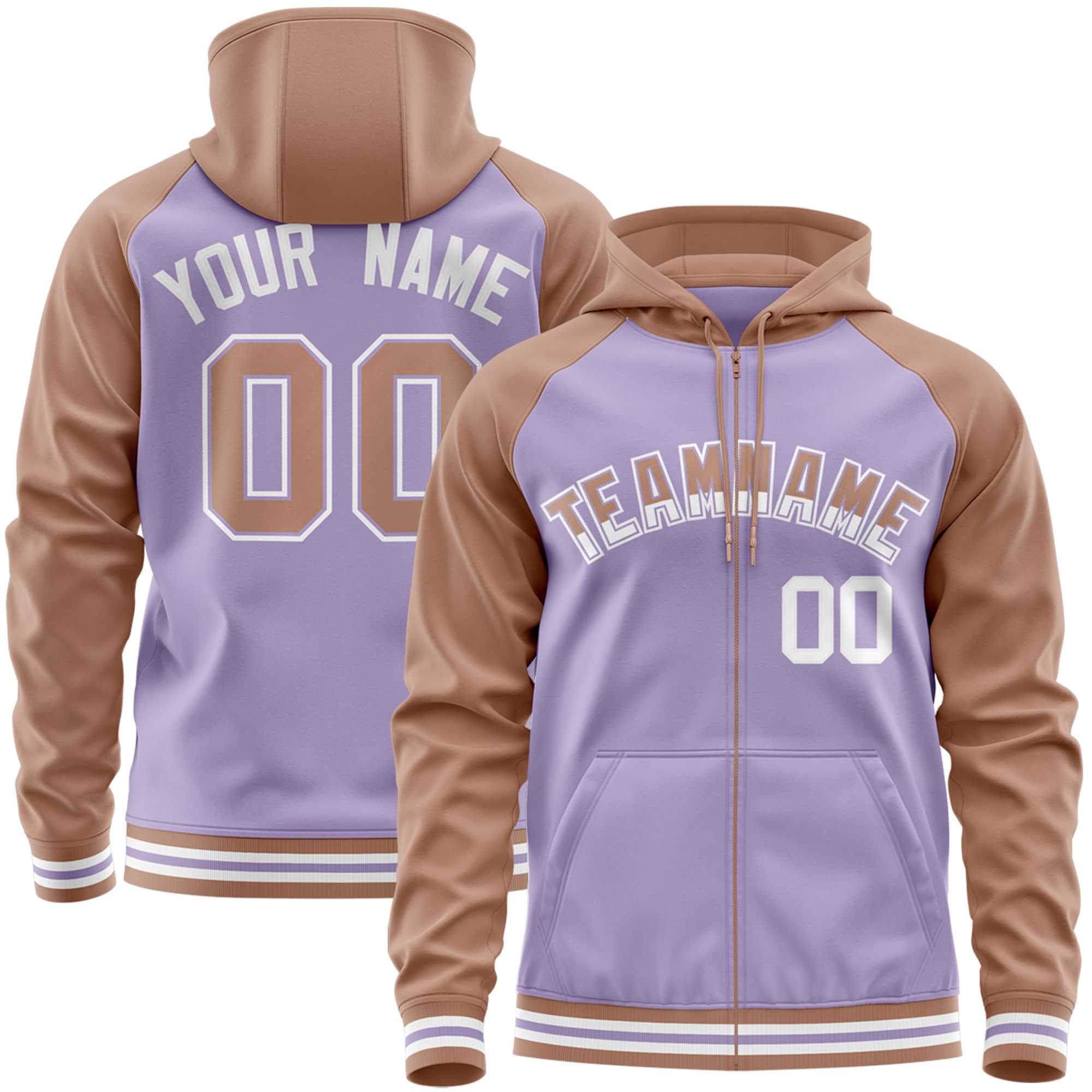 Custom Stitched Light Purple Brown Raglan Sleeves Sports Full-Zip Sweatshirt Hoodie