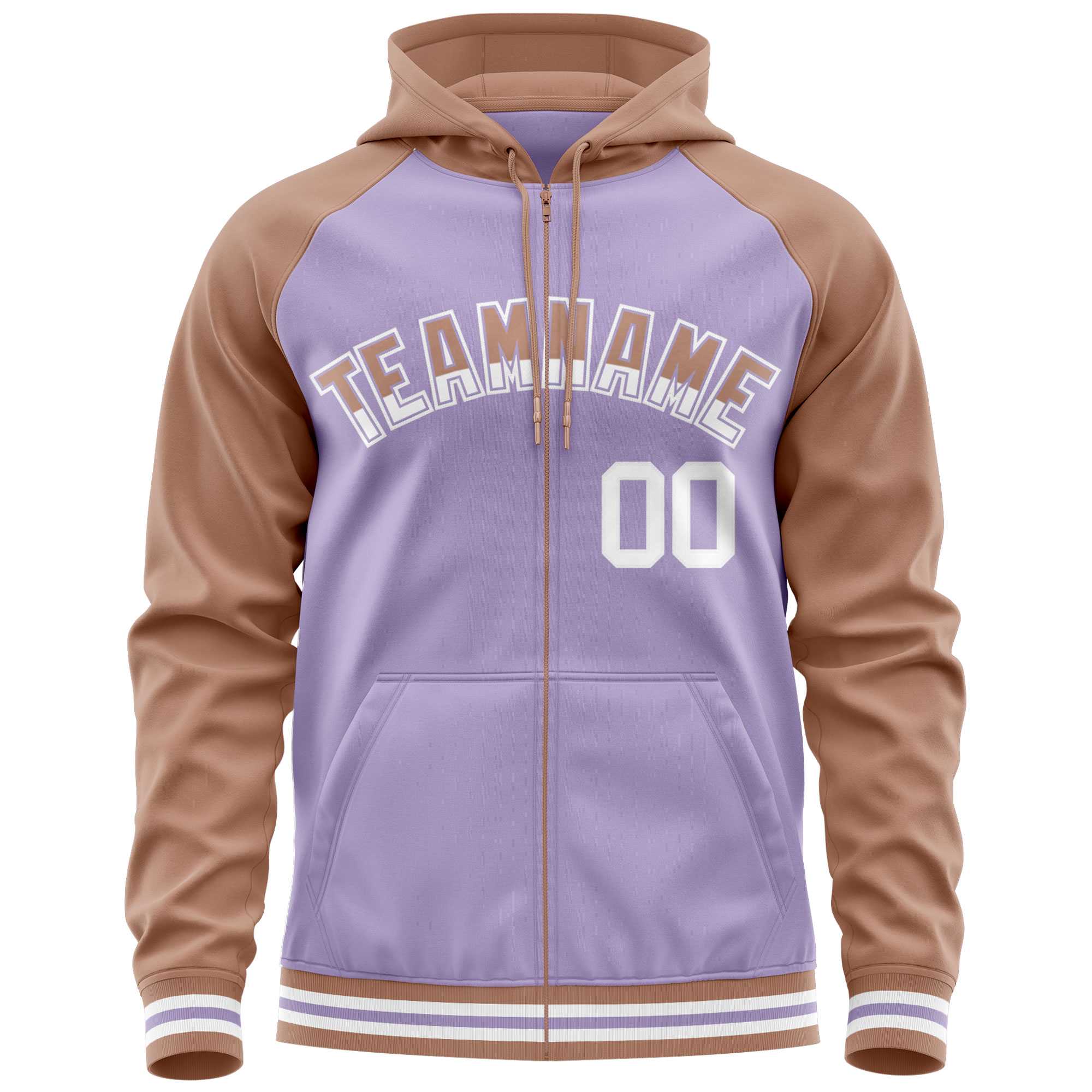 Custom Stitched Light Purple Brown Raglan Sleeves Sports Full-Zip Sweatshirt Hoodie