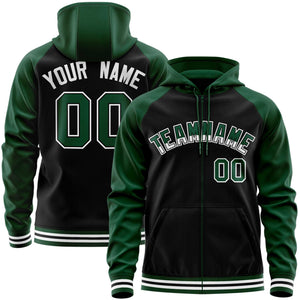 Custom Stitched Black Green Raglan Sleeves Sports Full-Zip Sweatshirt Hoodie