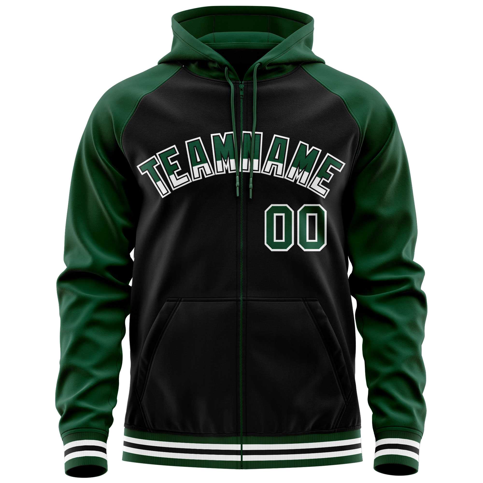 Custom Stitched Black Green Raglan Sleeves Sports Full-Zip Sweatshirt Hoodie