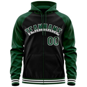 Custom Stitched Black Green Raglan Sleeves Sports Full-Zip Sweatshirt Hoodie