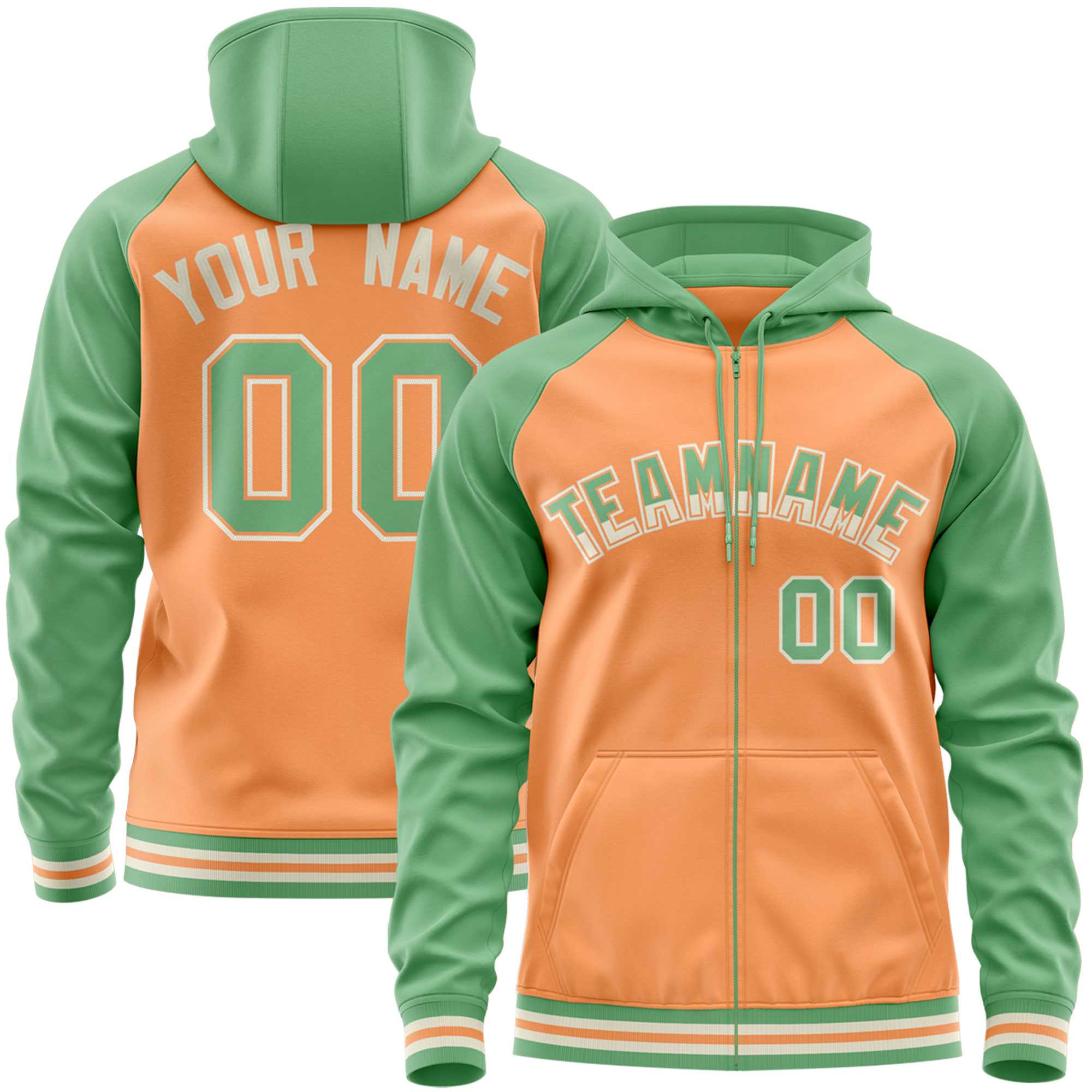 Custom Stitched Light Orange Green Raglan Sleeves Sports Full-Zip Sweatshirt Hoodie