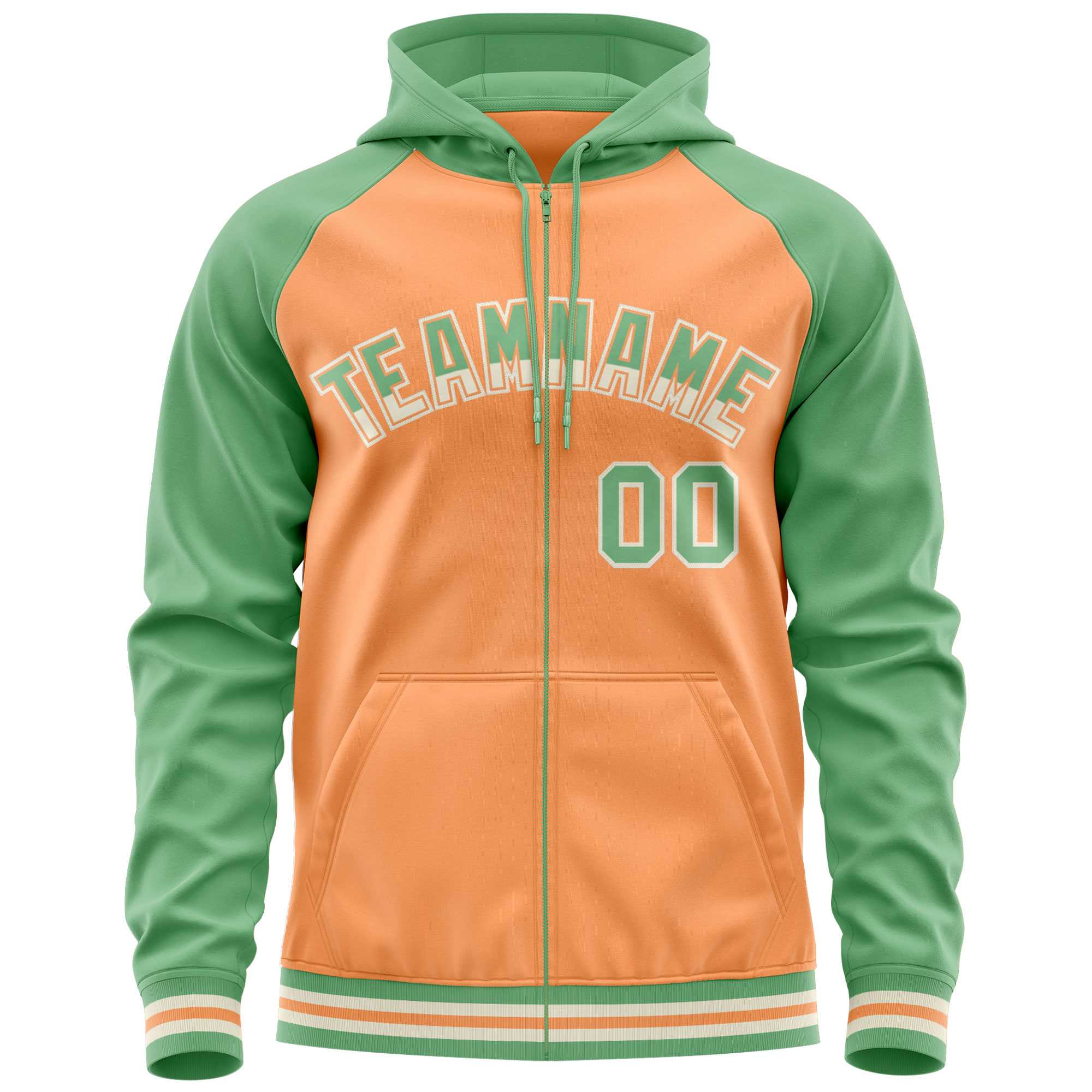 Custom Stitched Light Orange Green Raglan Sleeves Sports Full-Zip Sweatshirt Hoodie