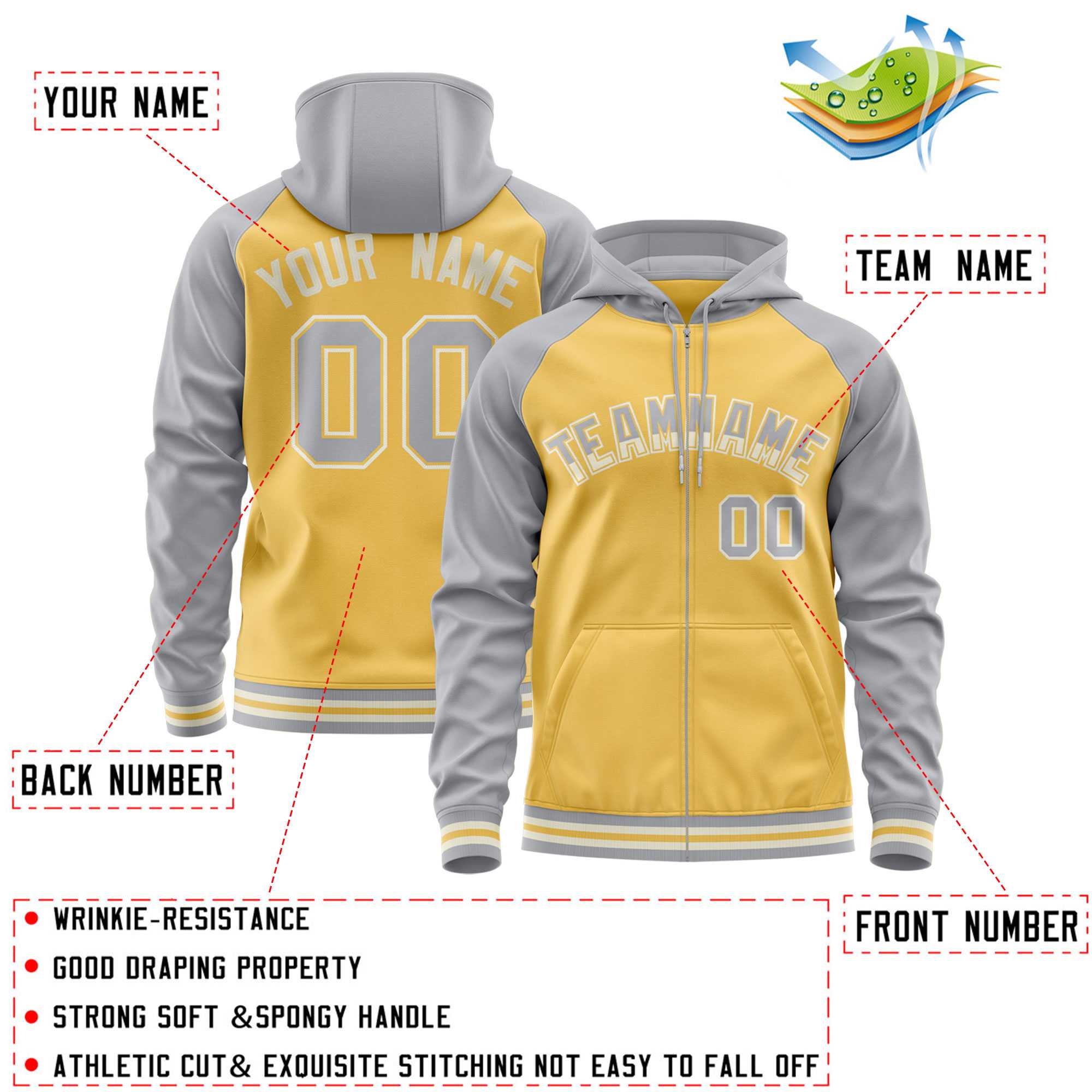 Custom Stitched Yellow Light Gray Raglan Sleeves Sports Full-Zip Sweatshirt Hoodie