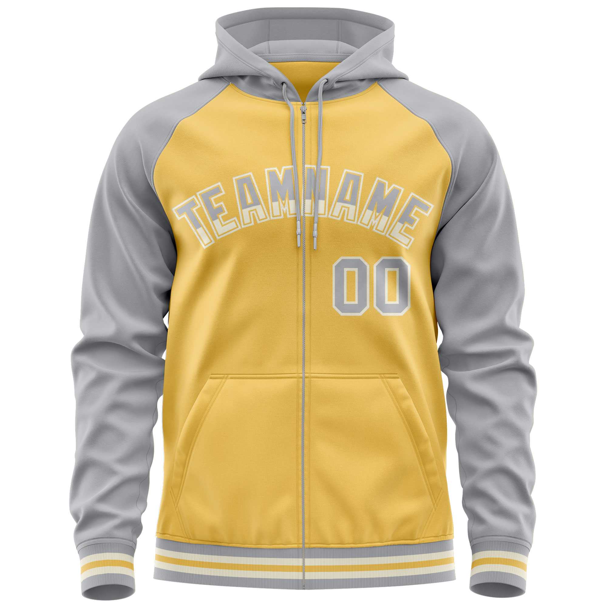 Custom Stitched Yellow Light Gray Raglan Sleeves Sports Full-Zip Sweatshirt Hoodie