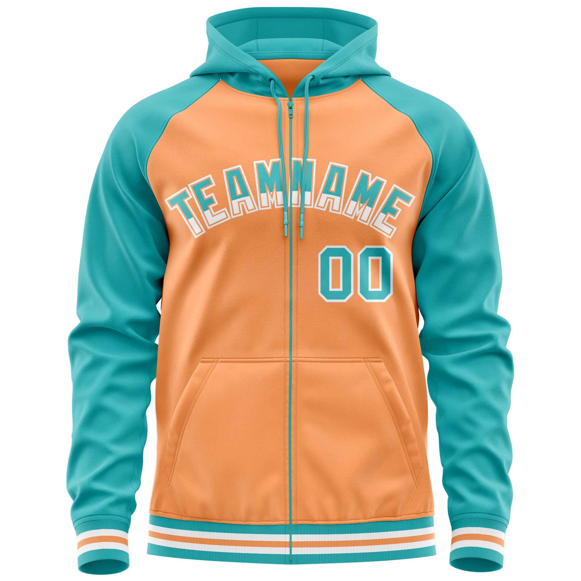 Custom Stitched Light Orange Aqua Raglan Sleeves Sports Full-Zip Sweatshirt Hoodie