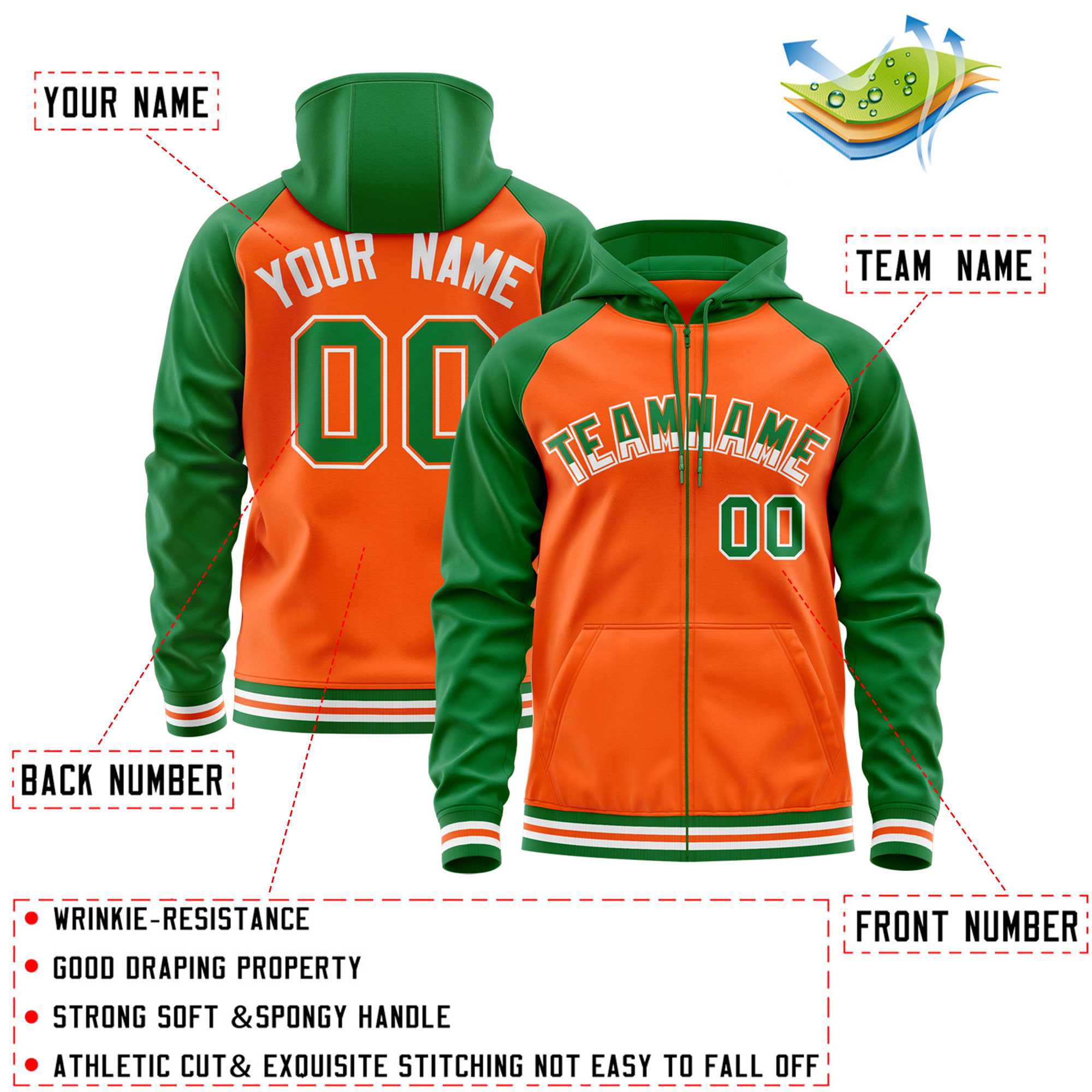 Custom Stitched Orange Kelly Green Raglan Sleeves Sports Full-Zip Sweatshirt Hoodie