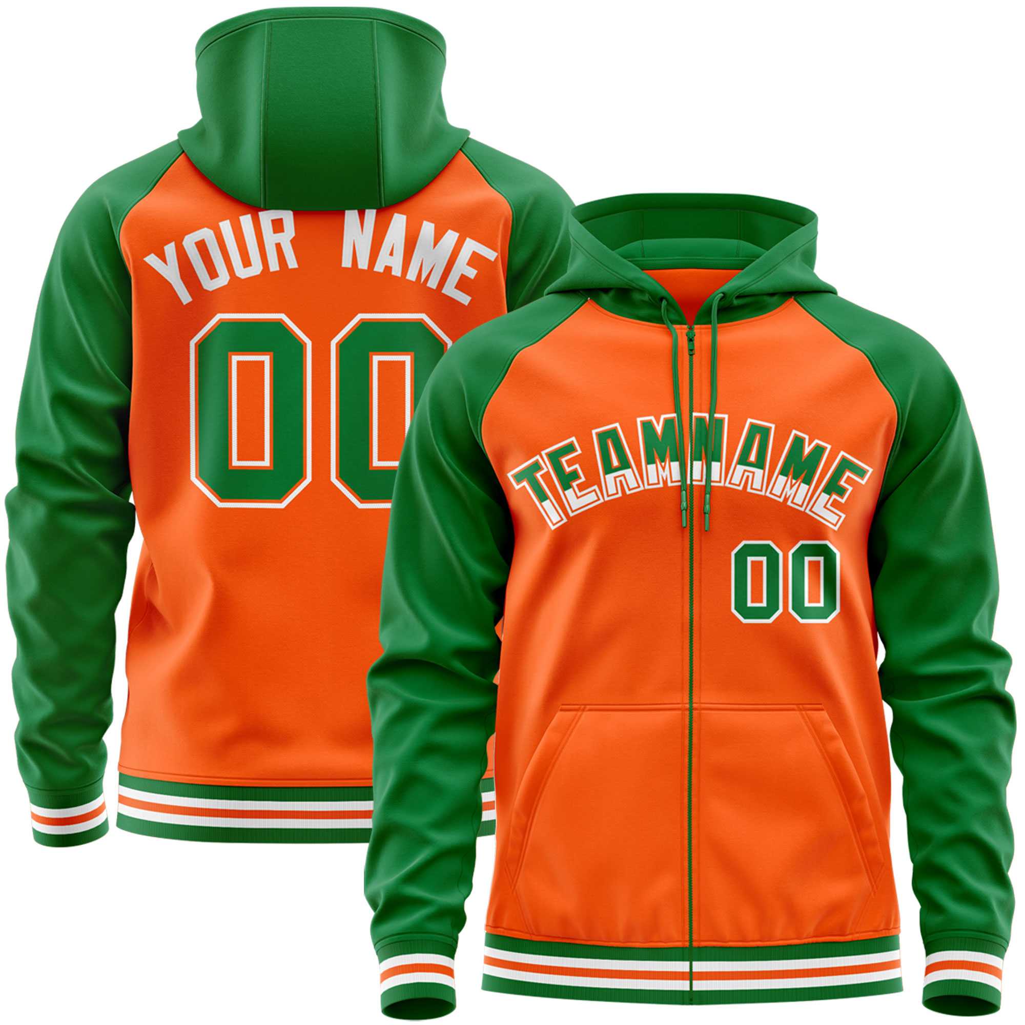 Custom Stitched Orange Kelly Green Raglan Sleeves Sports Full-Zip Sweatshirt Hoodie