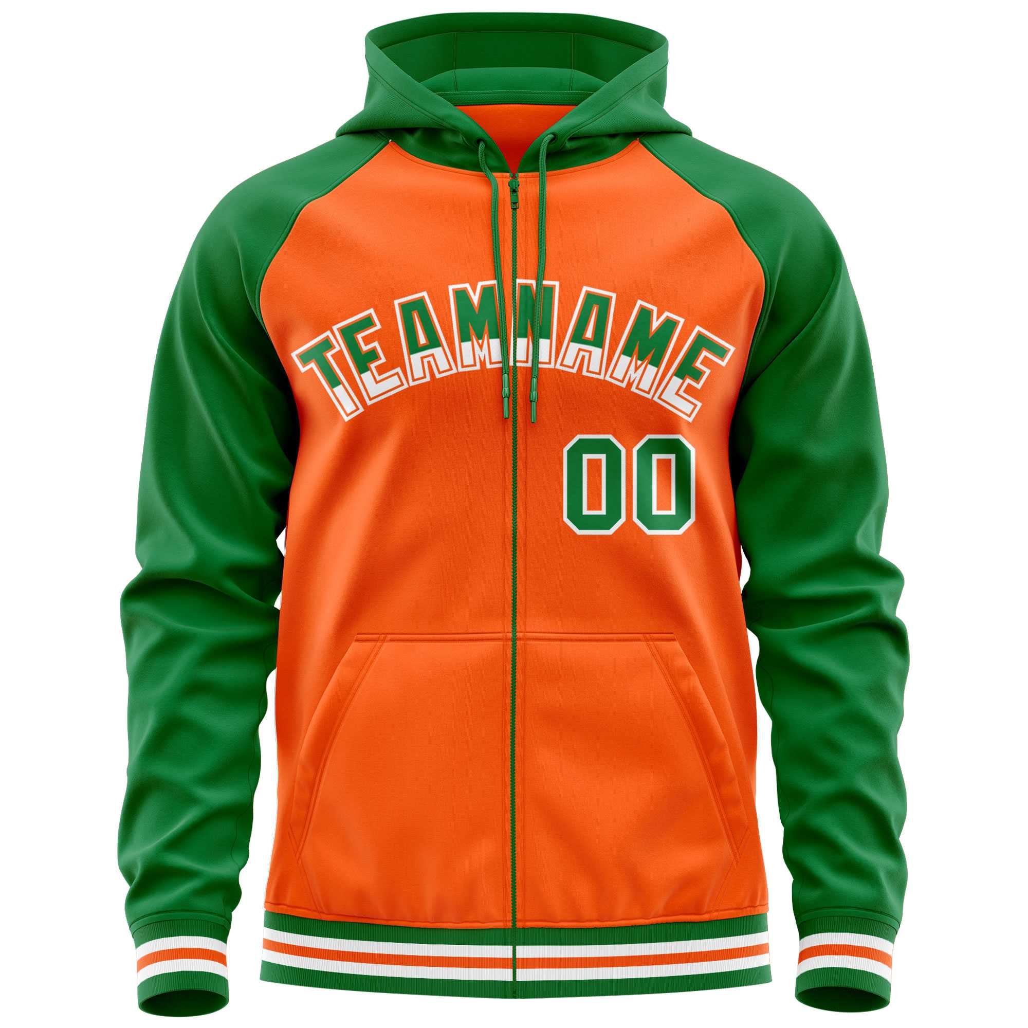 Custom Stitched Orange Kelly Green Raglan Sleeves Sports Full-Zip Sweatshirt Hoodie