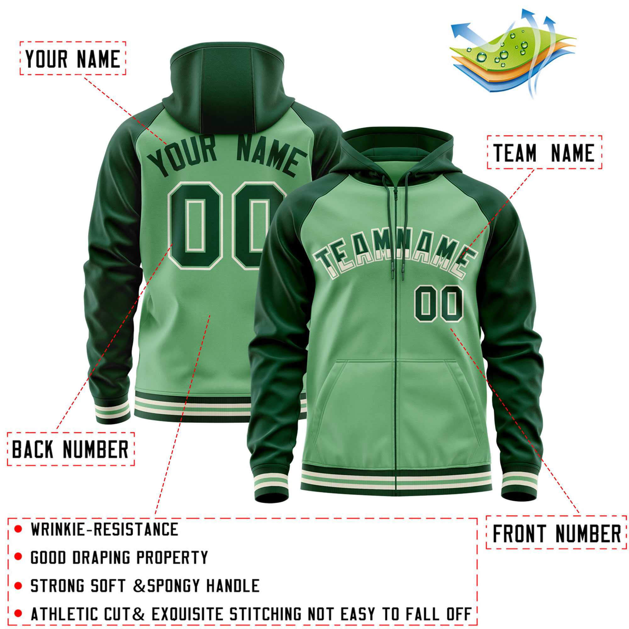 Custom Stitched Green Raglan Sleeves Sports Full-Zip Sweatshirt Hoodie