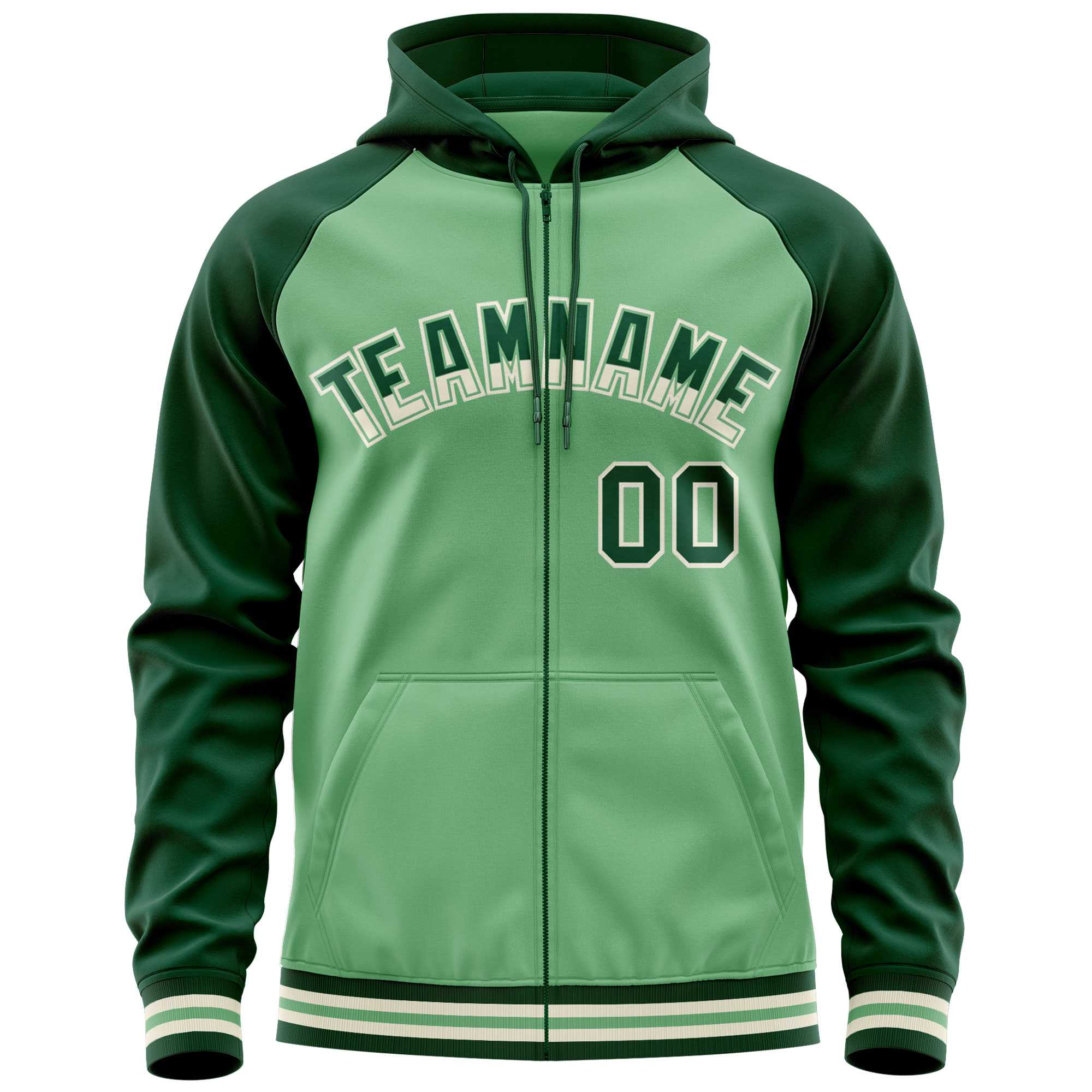 Custom Stitched Green Raglan Sleeves Sports Full-Zip Sweatshirt Hoodie